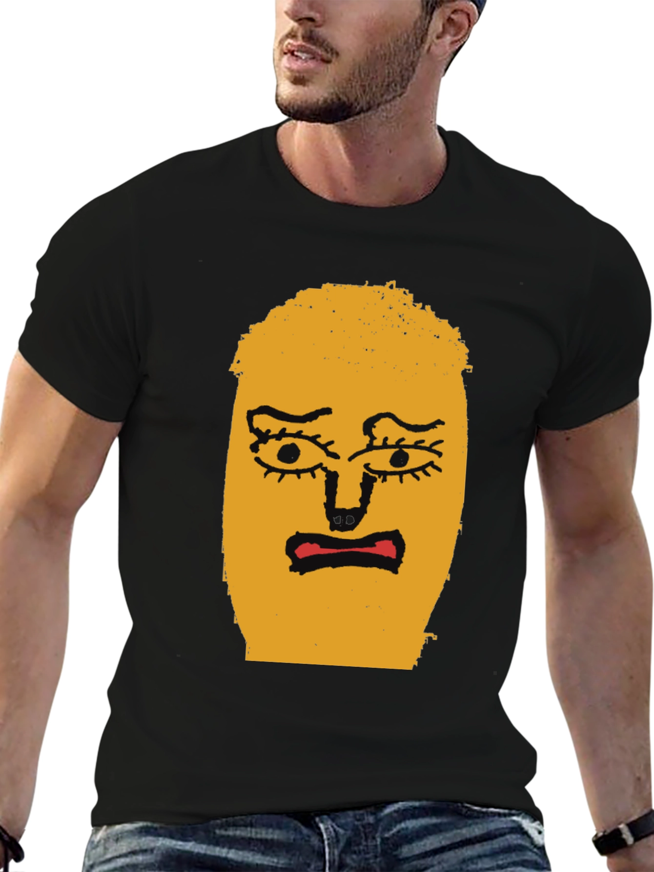 Expressive Face Graphic Tee - Black Cotton T-Shirt