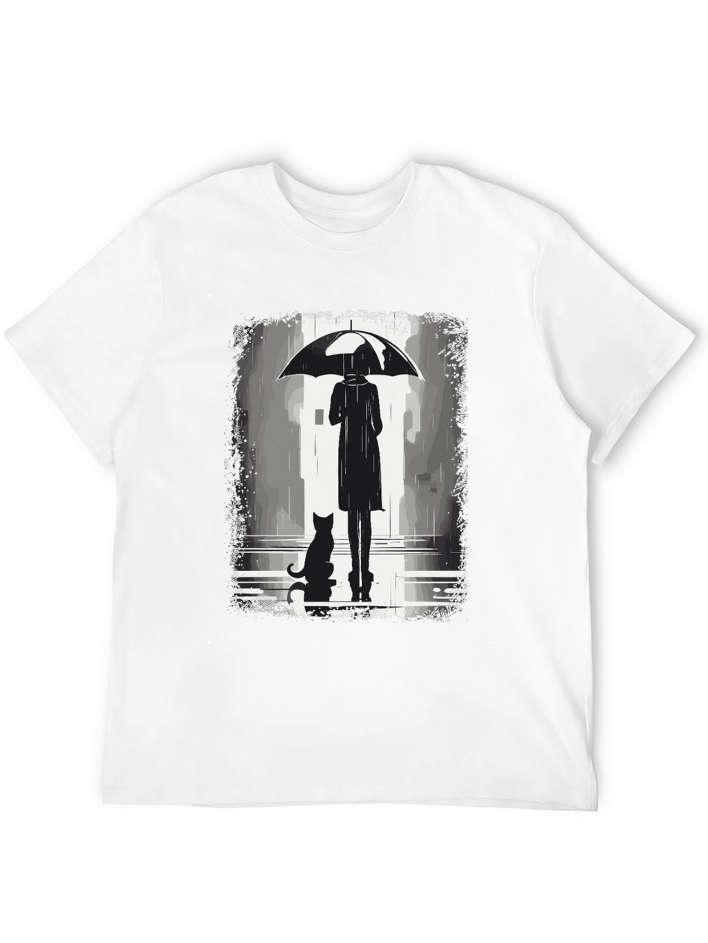 Rainy Day T-Shirt: Woman Cat & Umbrella