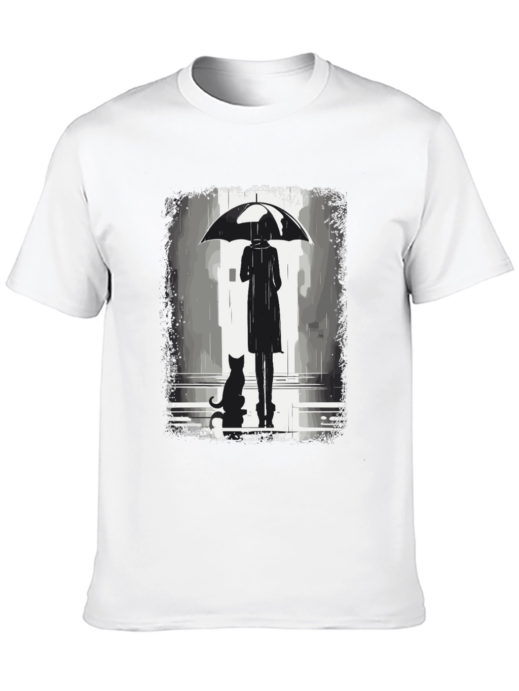 Rainy Day T-Shirt: Woman Cat & Umbrella