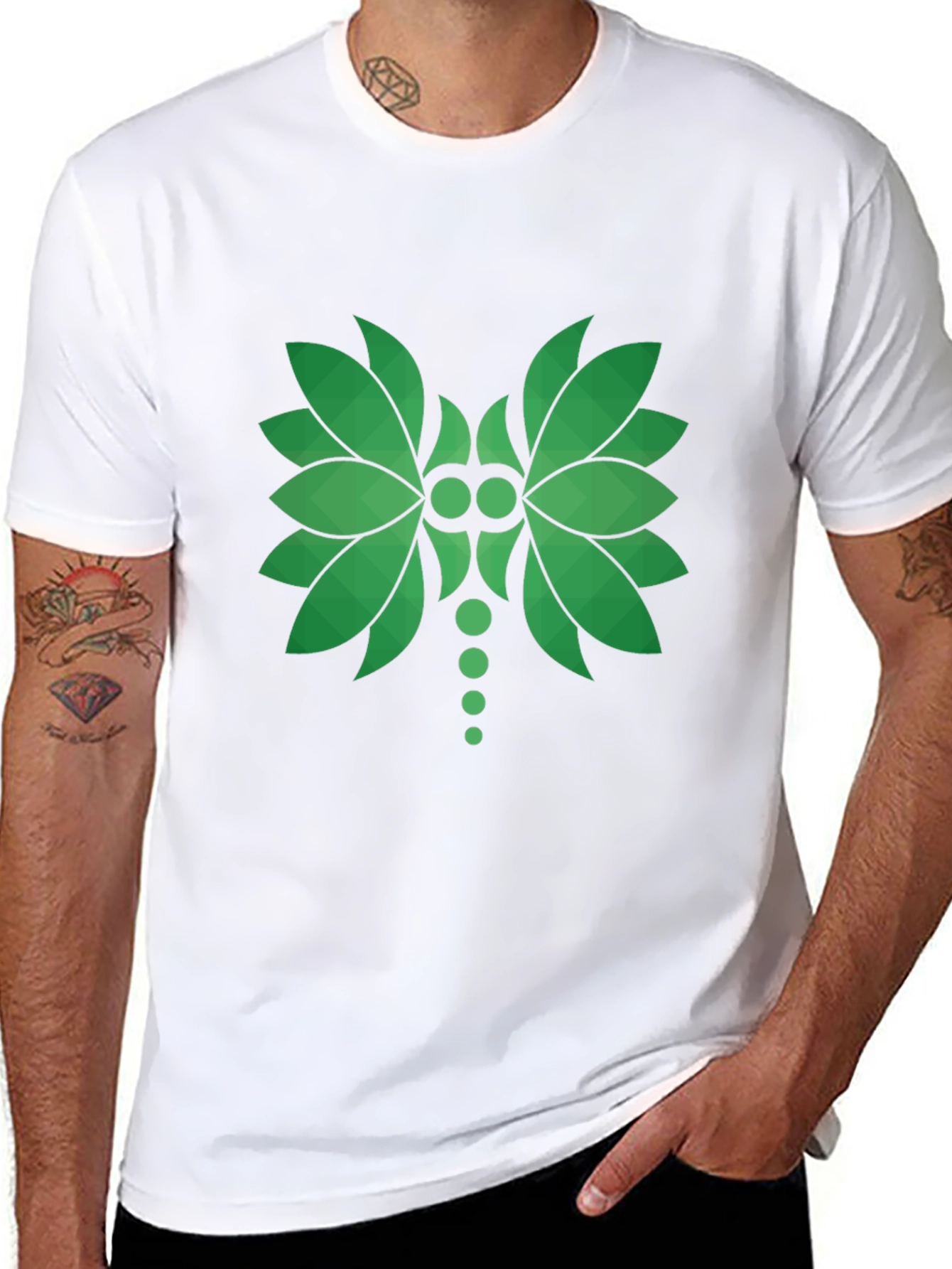 Green Leaf Geometric Graphic Black T-Shirt
