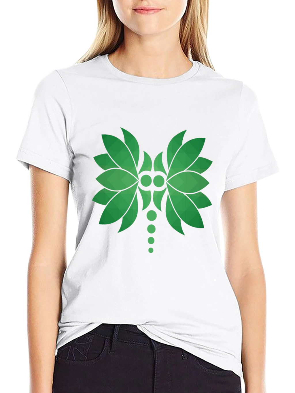 Green Leaf Geometric Graphic Black T-Shirt