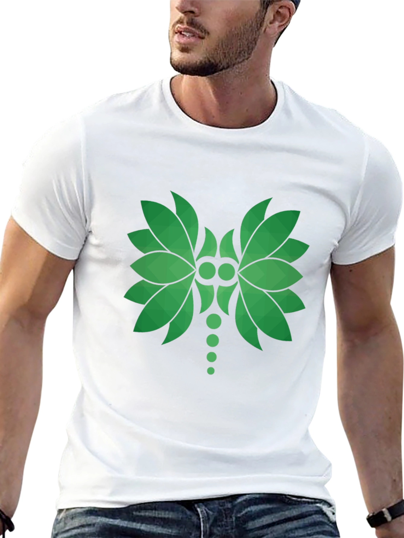 Green Leaf Geometric Graphic Black T-Shirt