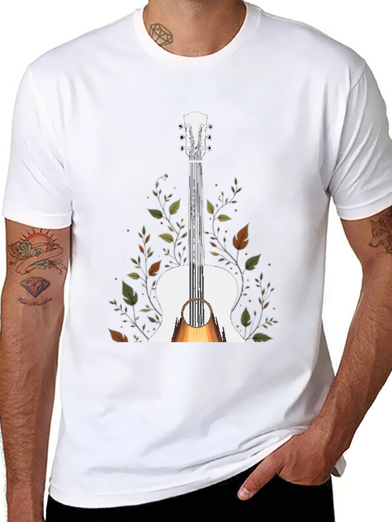 Guitar & Foliage Graphic T-Shirt - Black