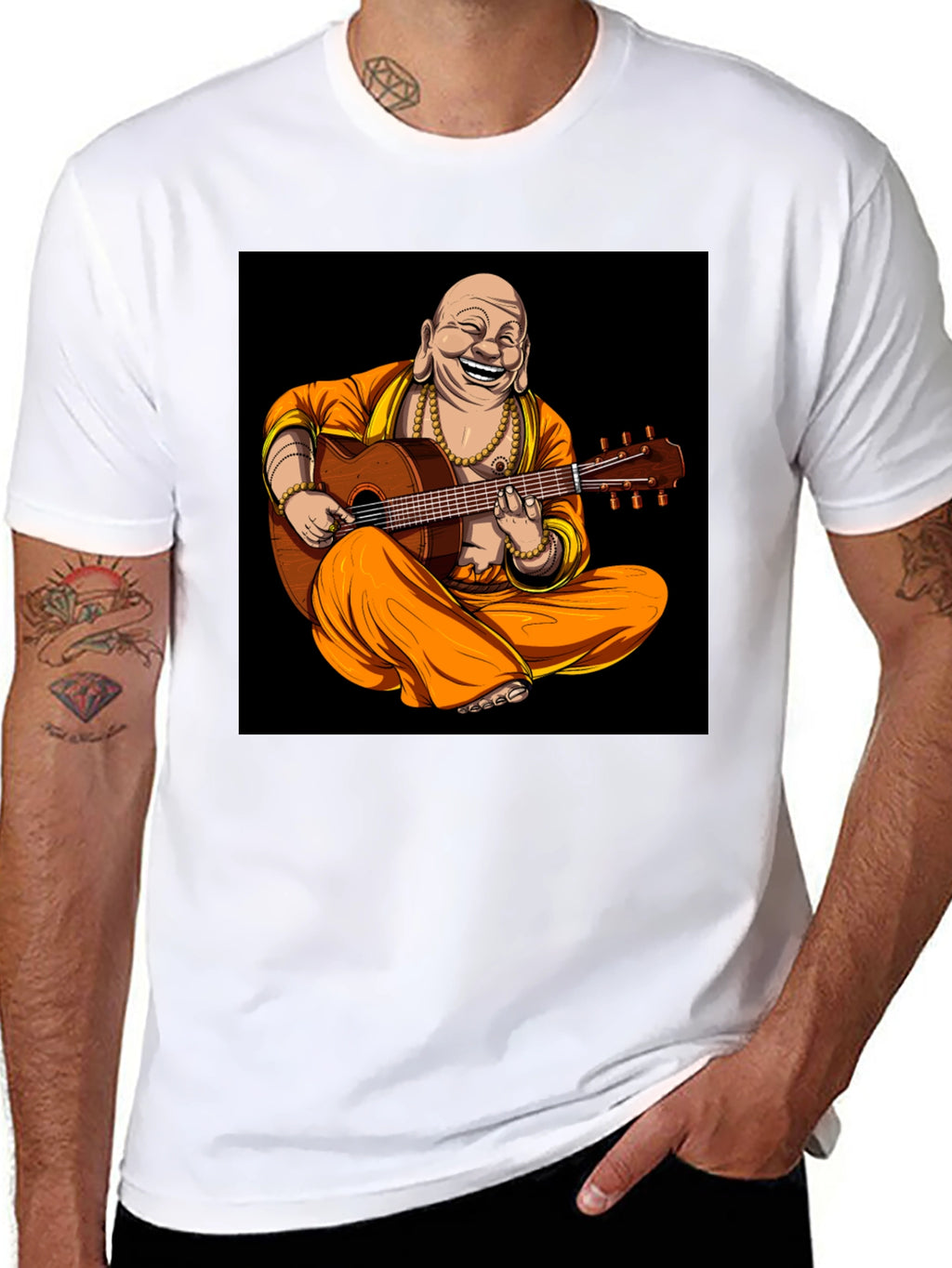 Buddha Playing Guitar Graphic Black T-Shirt