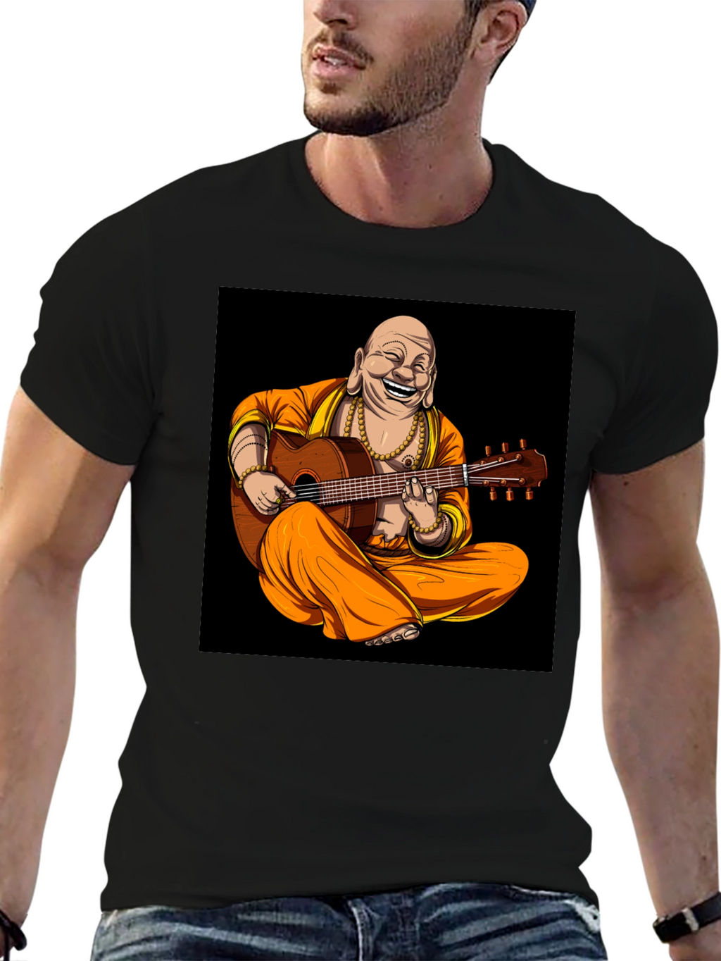 Buddha Playing Guitar Graphic Black T-Shirt