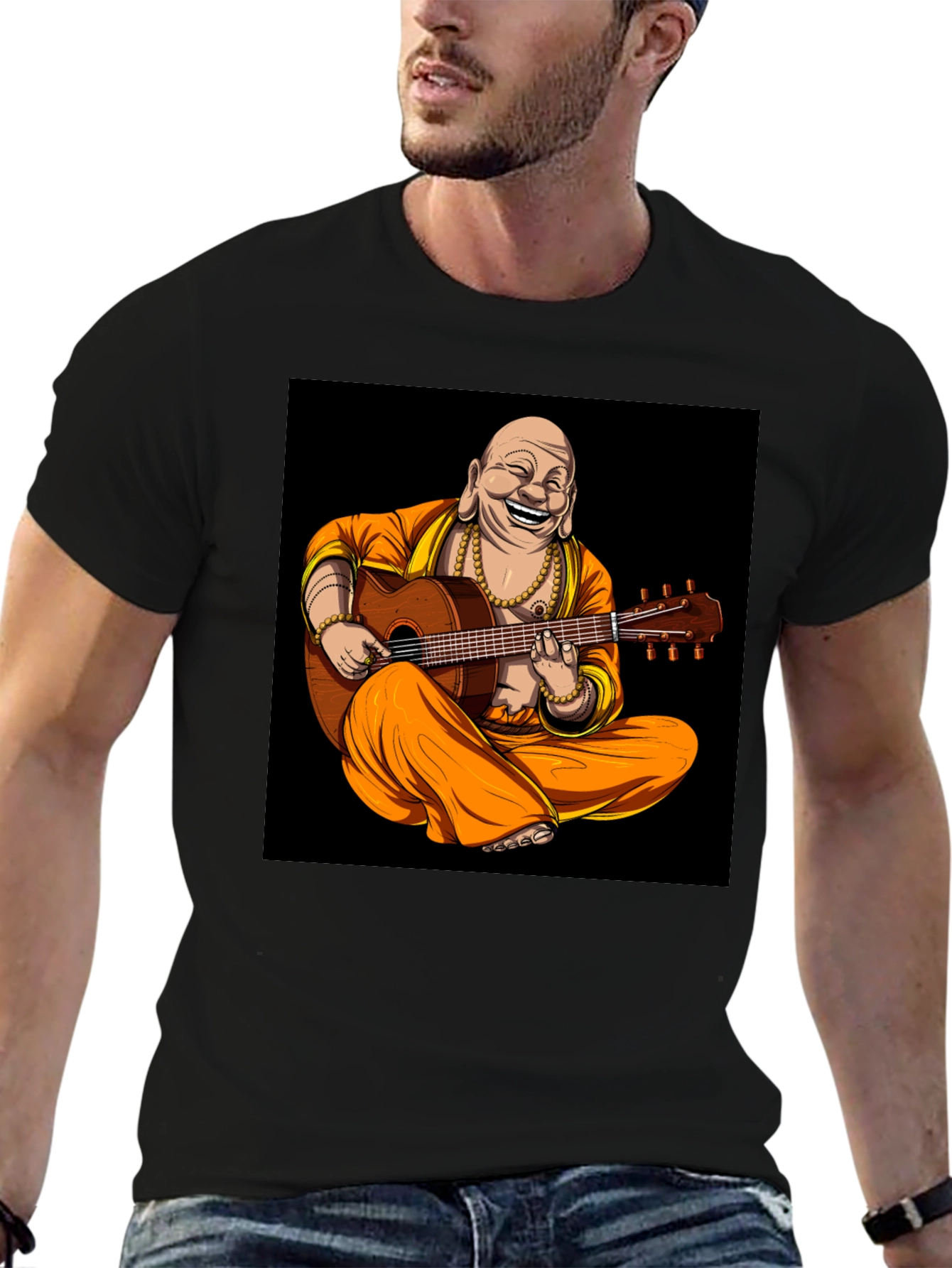 Buddha Playing Guitar Graphic Black T-Shirt