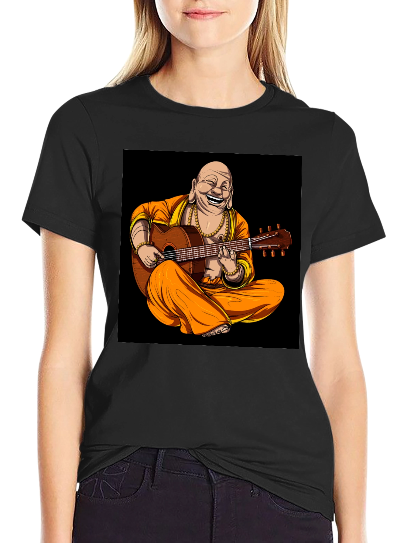 Buddha Playing Guitar Graphic Black T-Shirt
