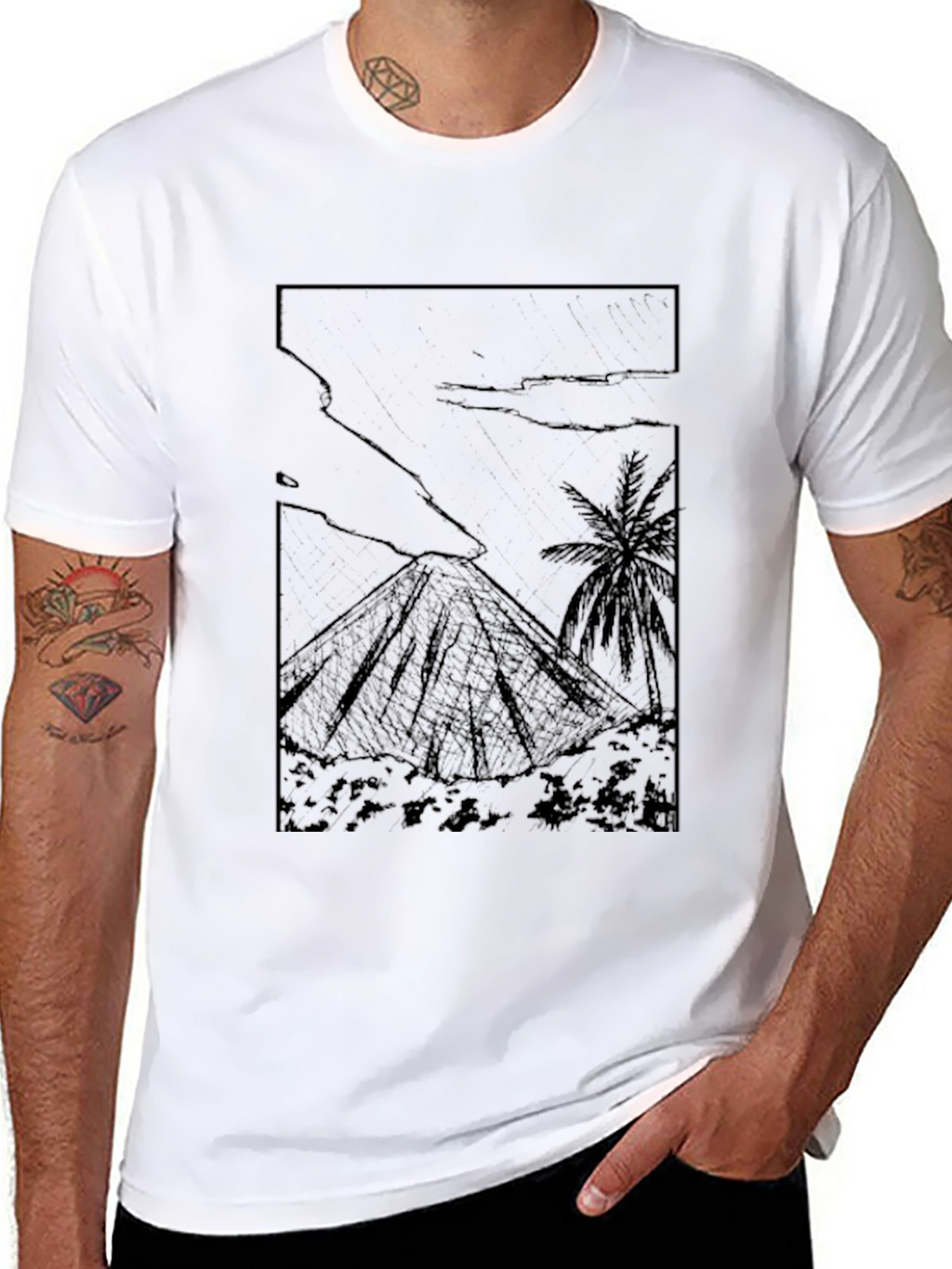 Black Graphic Tee - Island Volcano Print
