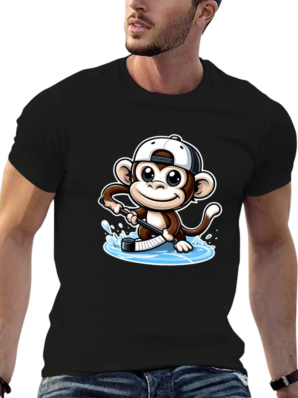Monkey Hockey Player Black T-Shirt