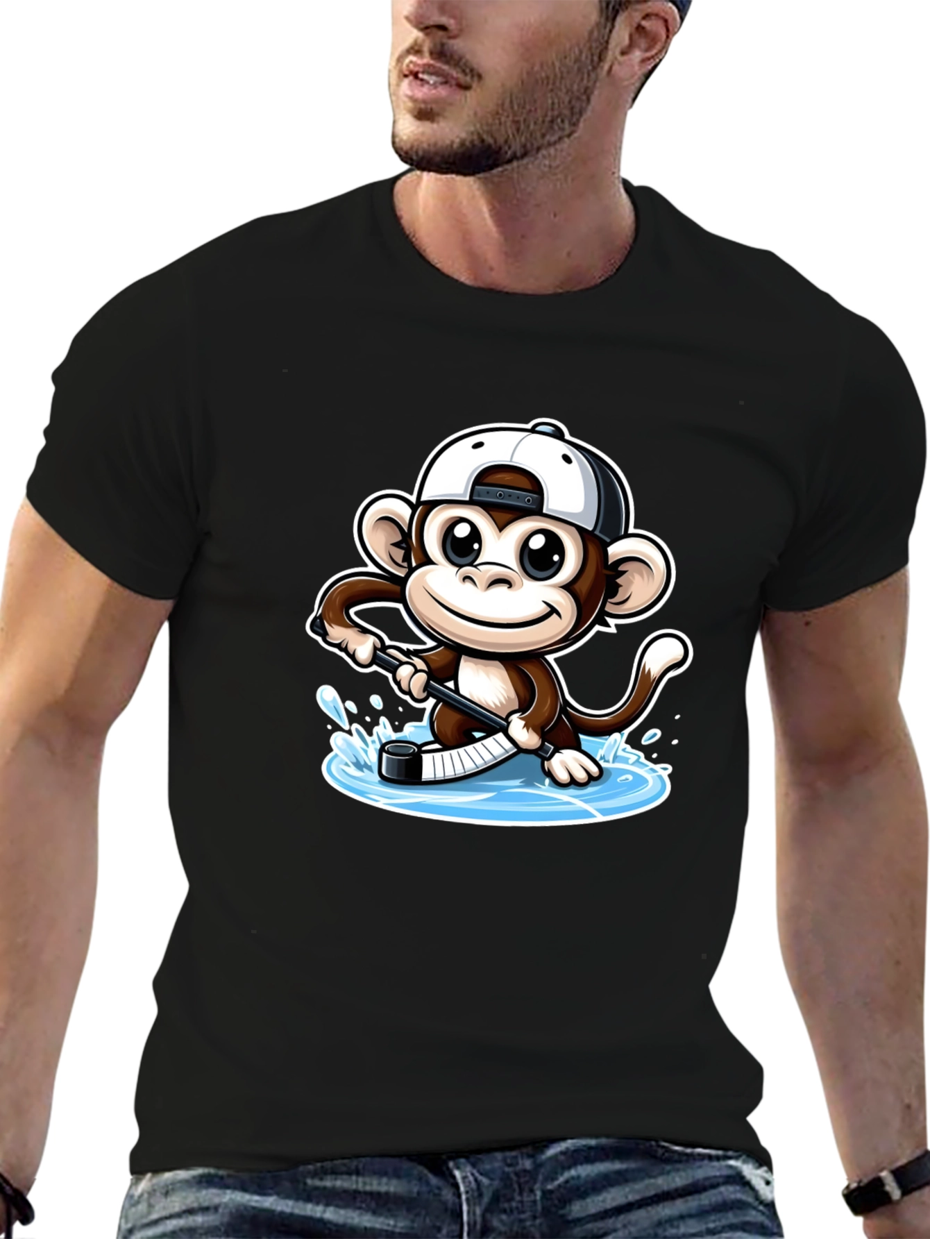 Monkey Hockey Player Black T-Shirt
