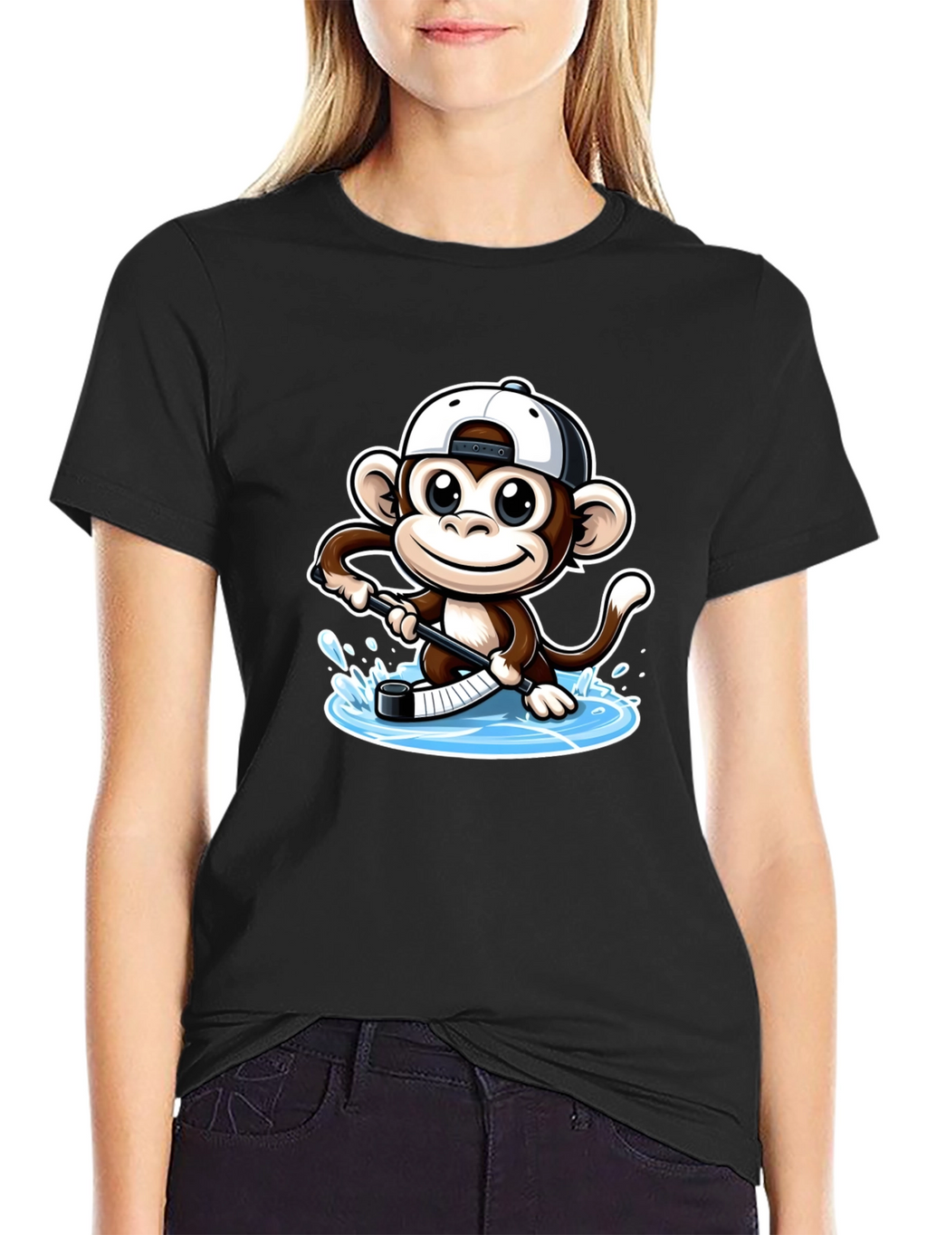Monkey Hockey Player Black T-Shirt