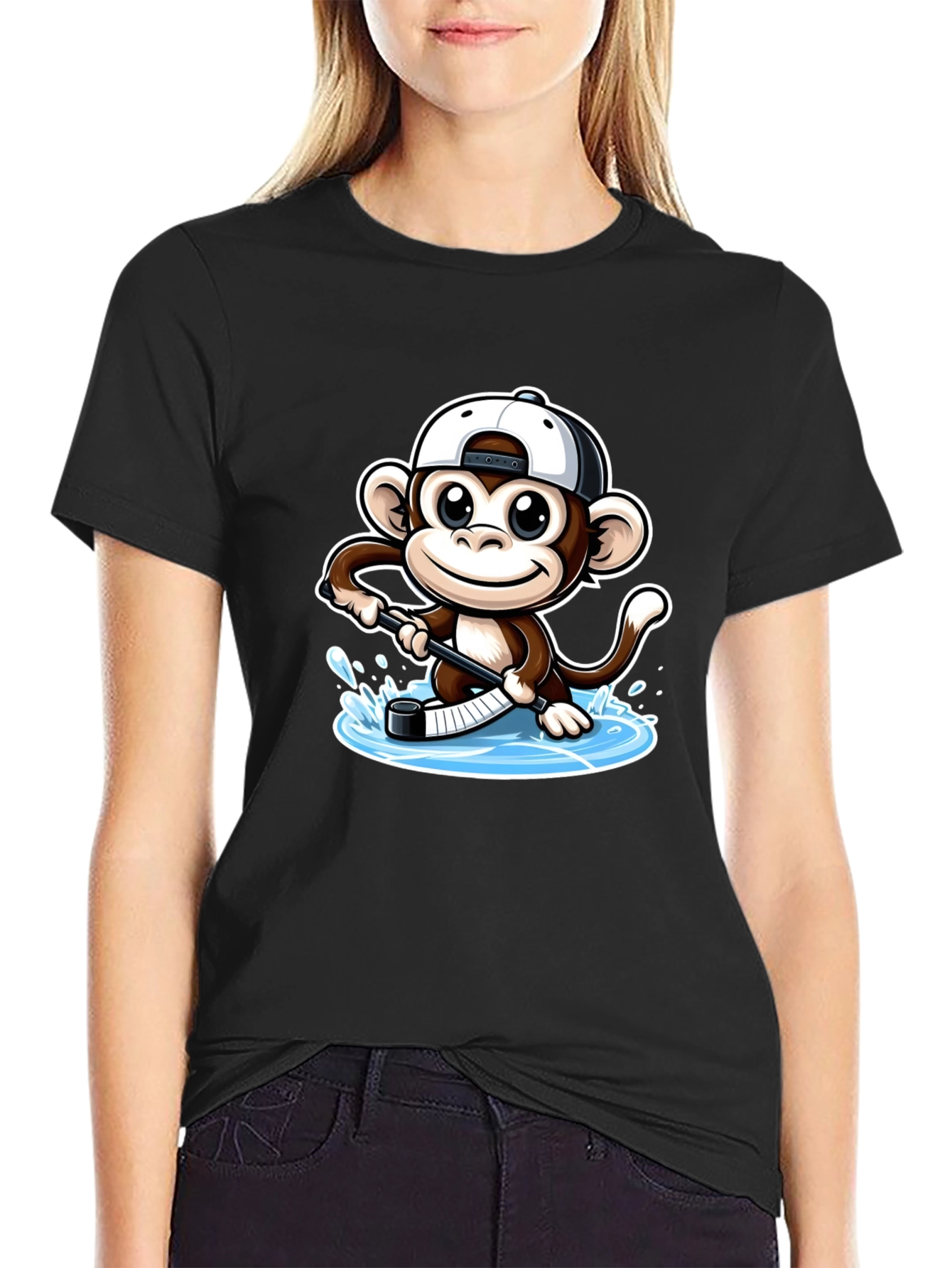 Monkey Hockey Player Black T-Shirt