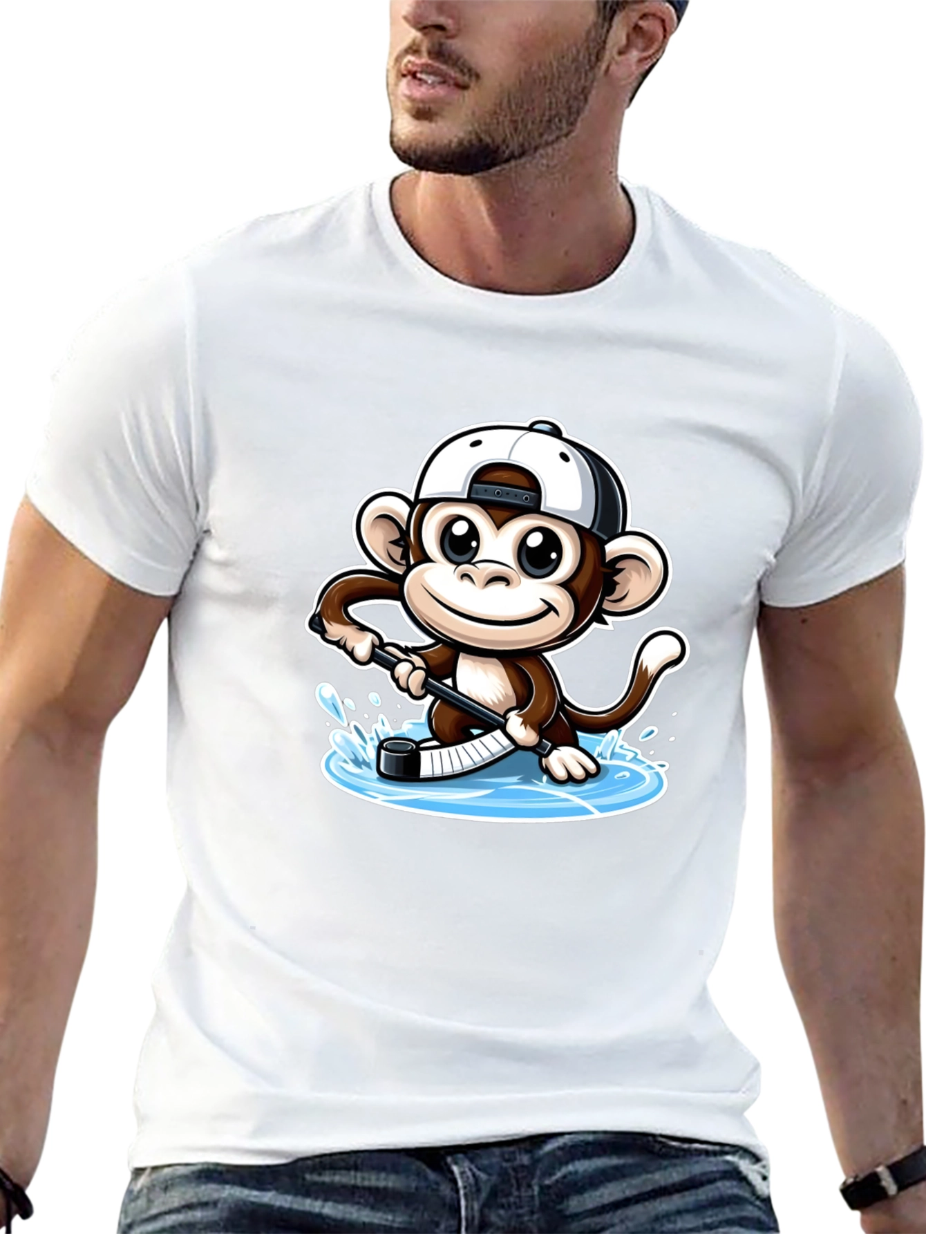 Monkey Hockey Player Black T-Shirt