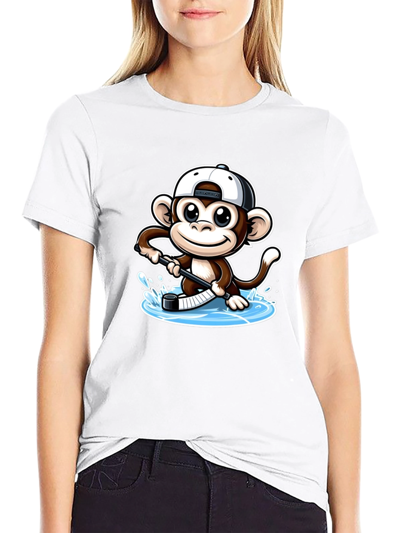 Monkey Hockey Player Black T-Shirt