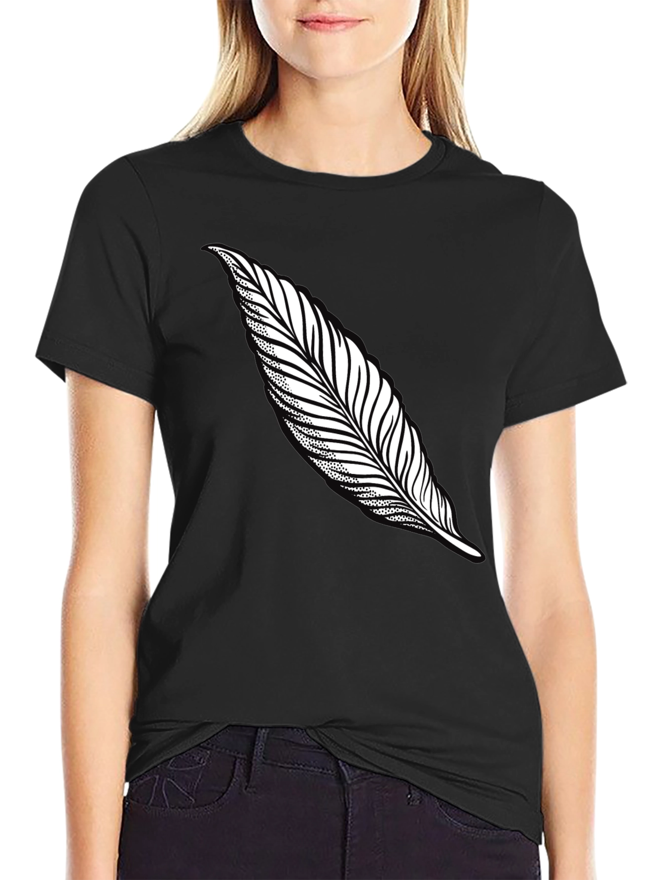 Black Feather Print T-Shirt - Stylish Casual Tee