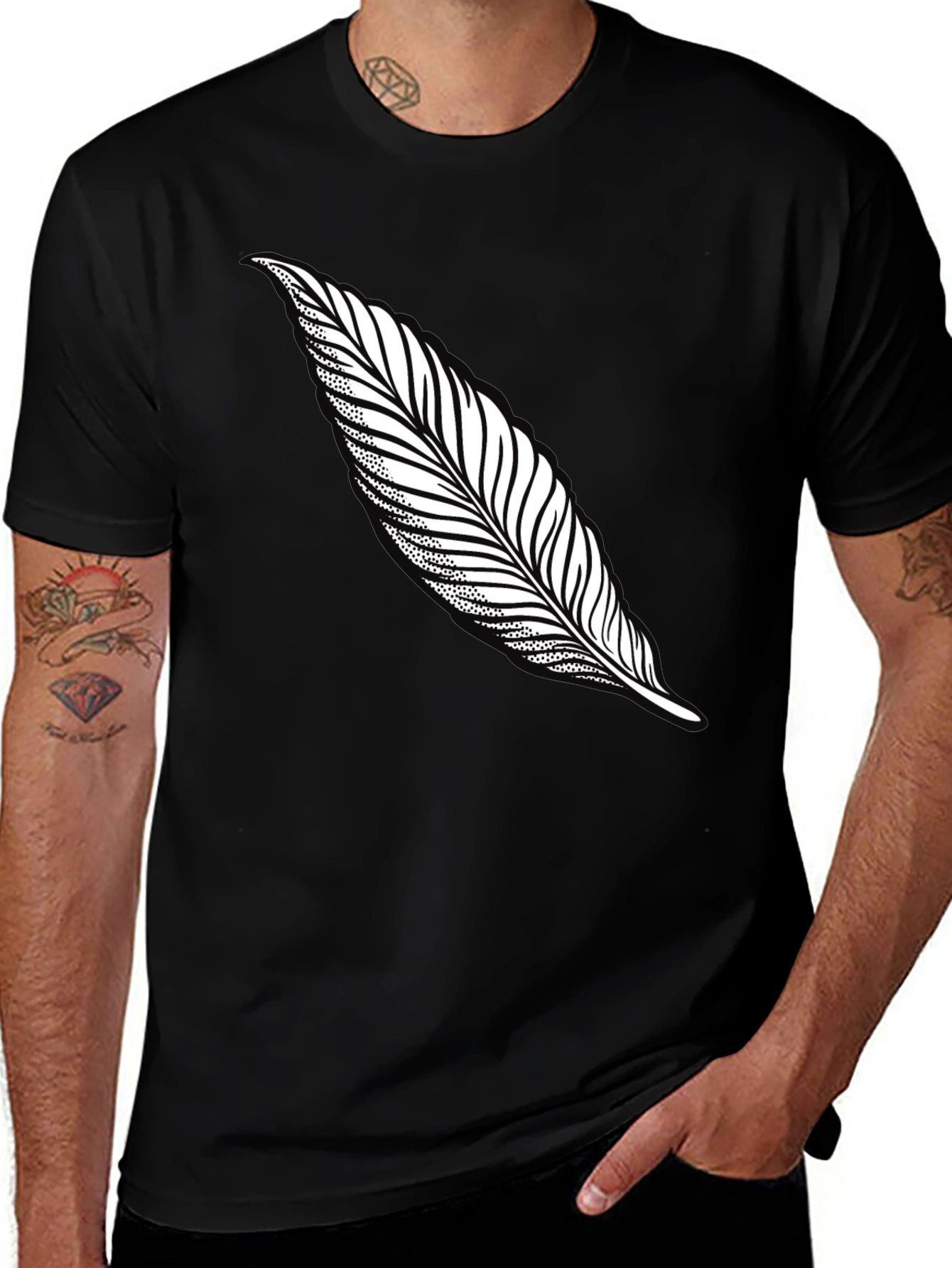 Black Feather Print T-Shirt - Stylish Casual Tee