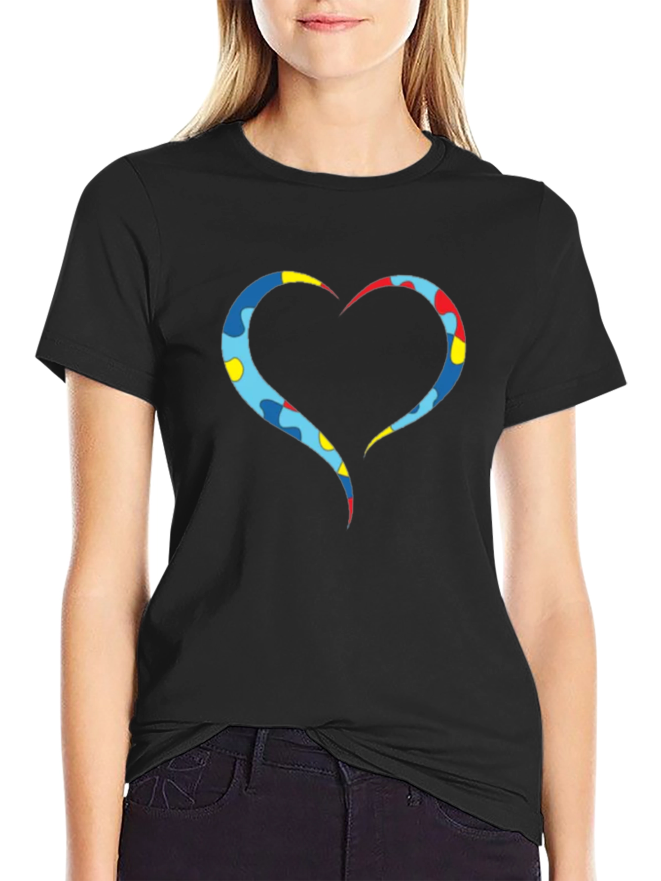 Heart Puzzle Piece Graphic Tee - Black Casual Shirt