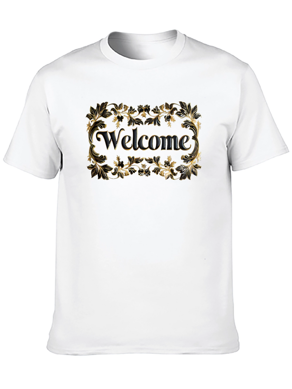 Welcome Black T-Shirt Gold Floral