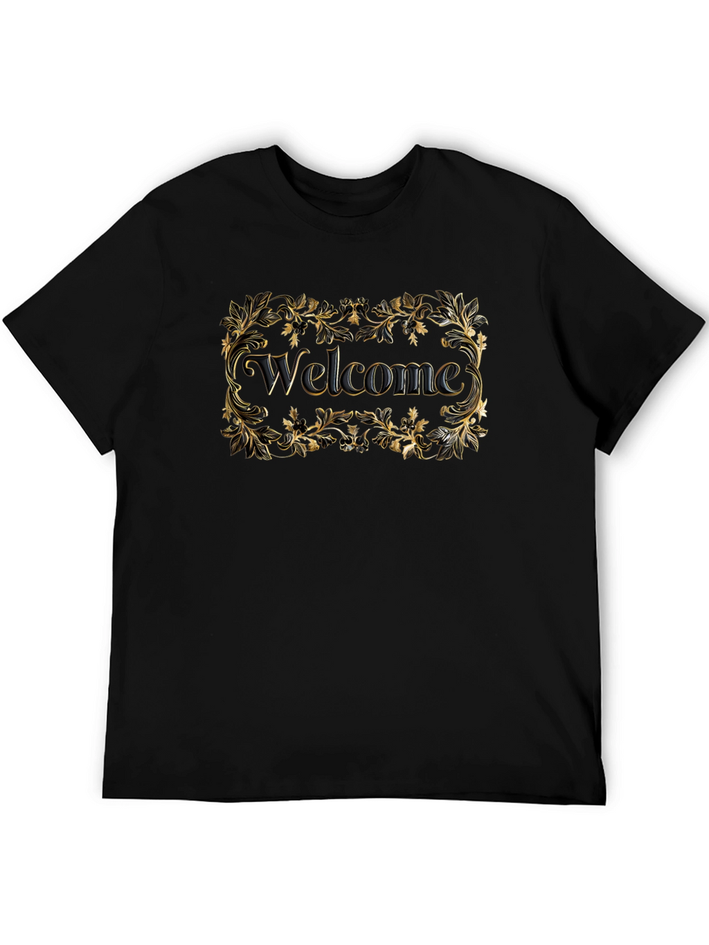 Welcome Black T-Shirt Gold Floral
