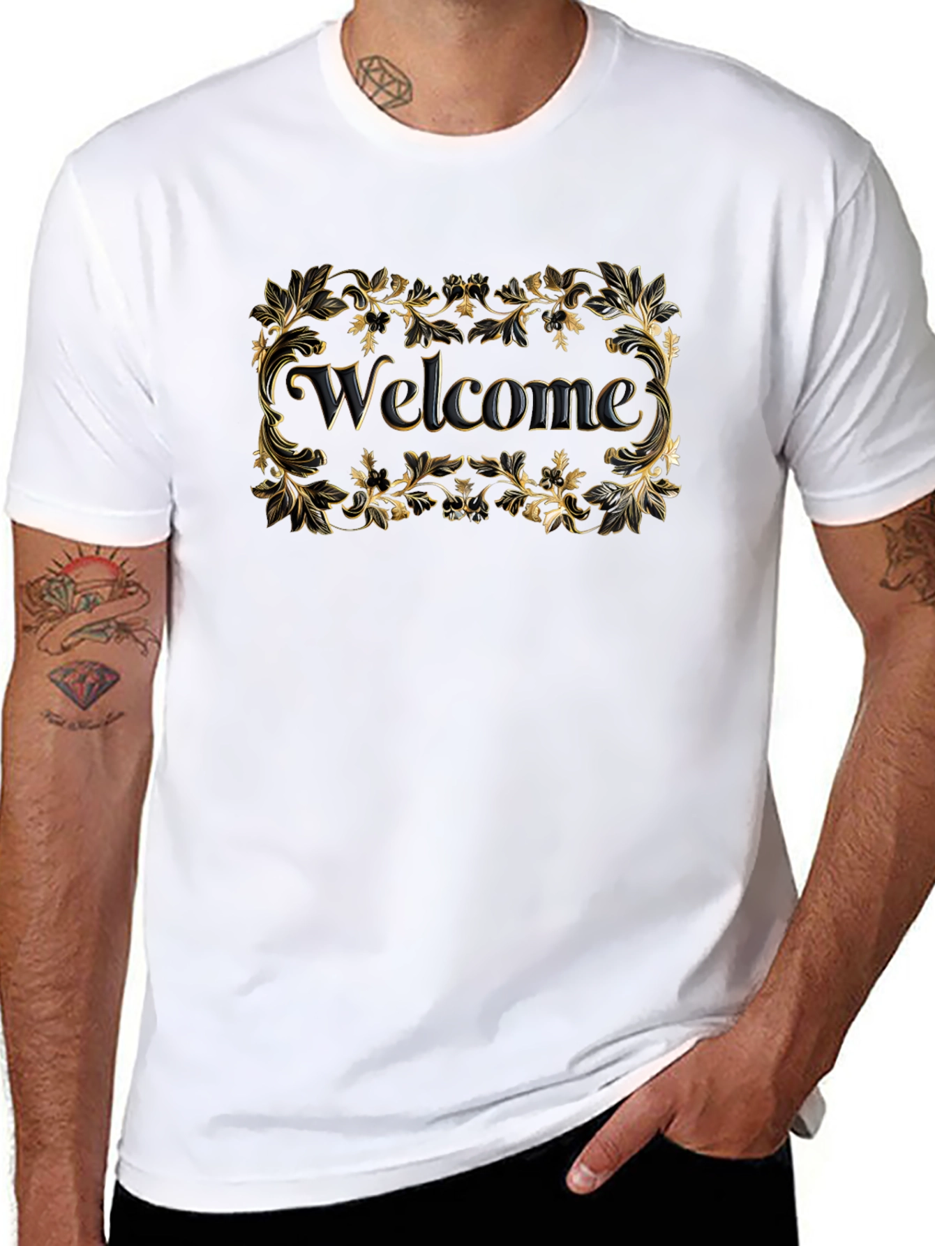 Welcome Black T-Shirt Gold Floral
