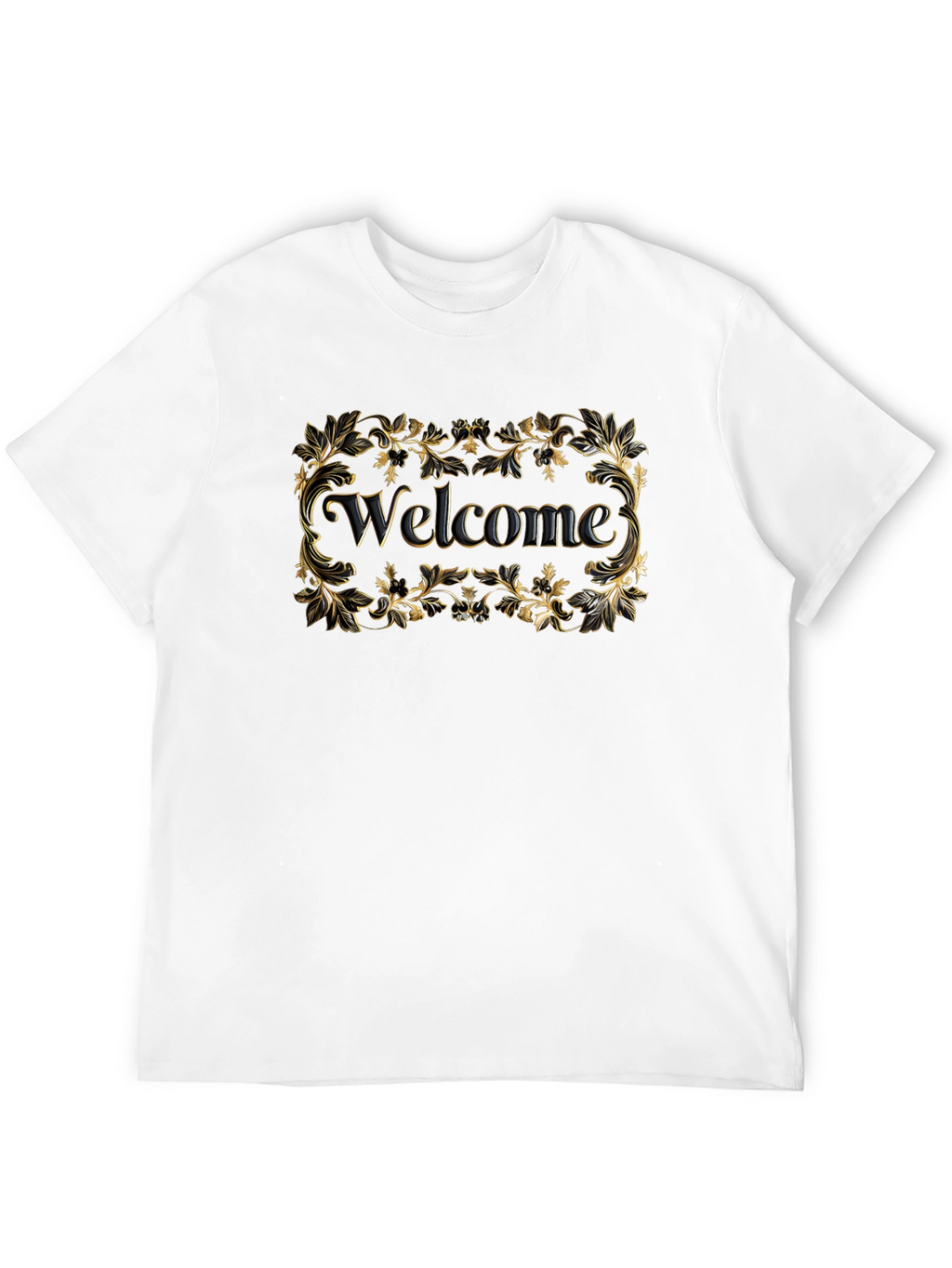 Welcome Black T-Shirt Gold Floral