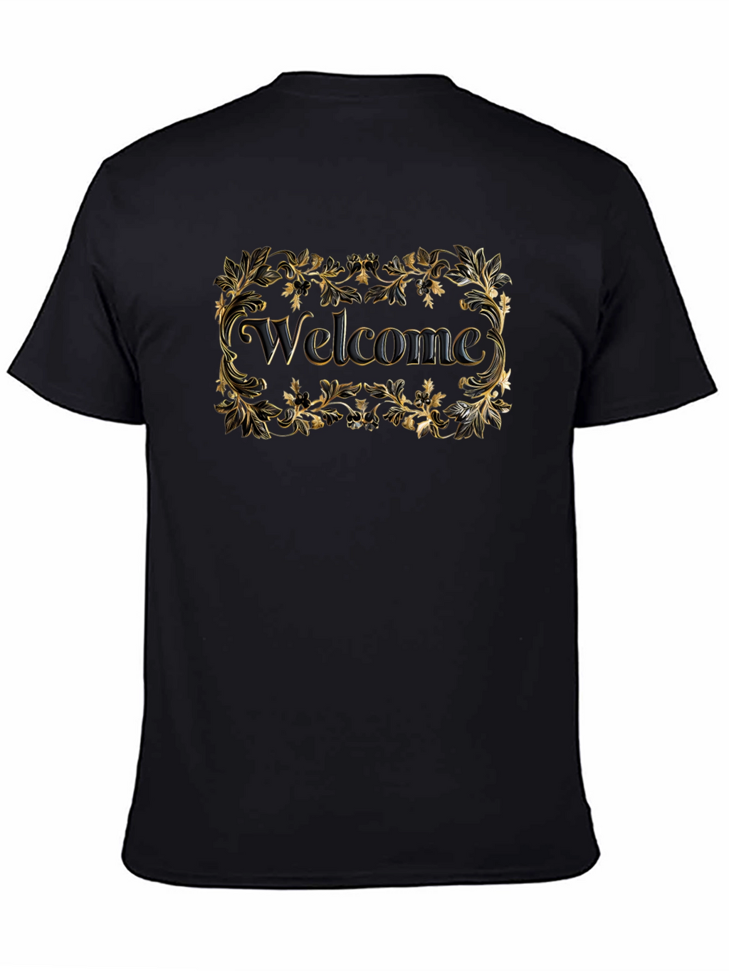 Welcome Black T-Shirt Gold Floral