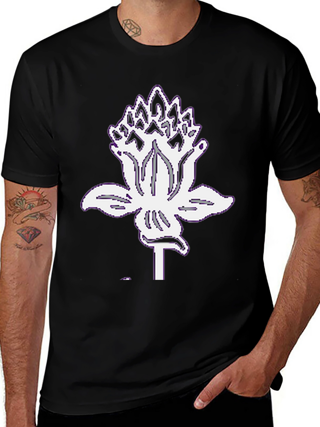 Black Graphic Tee with White Lotus Design