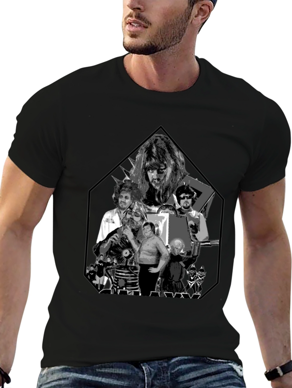 Retro Black Tee with Sci-Fi Character Print