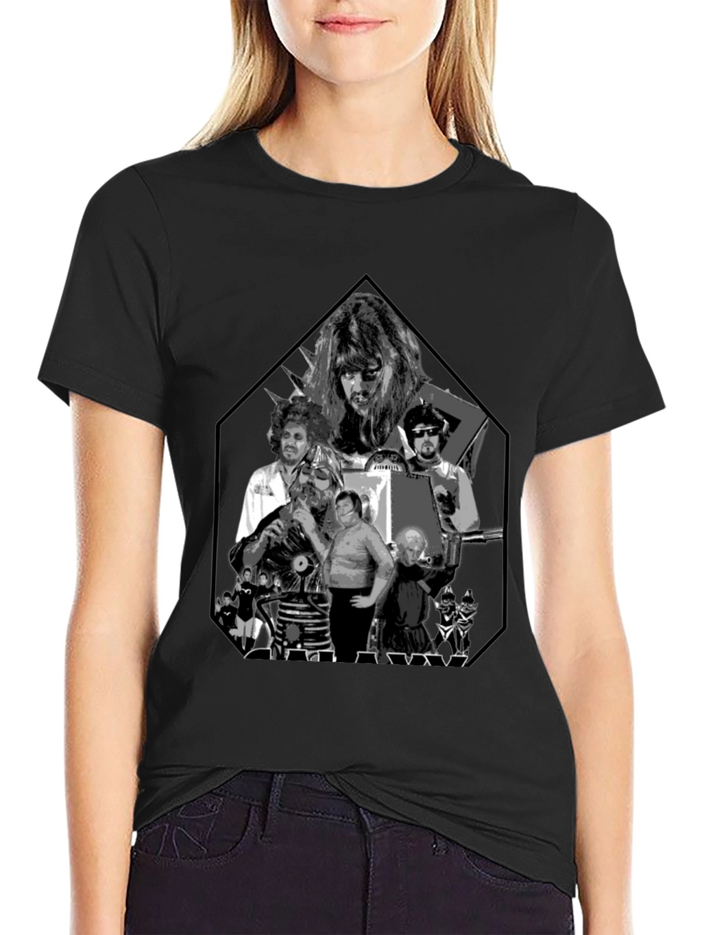 Retro Black Tee with Sci-Fi Character Print