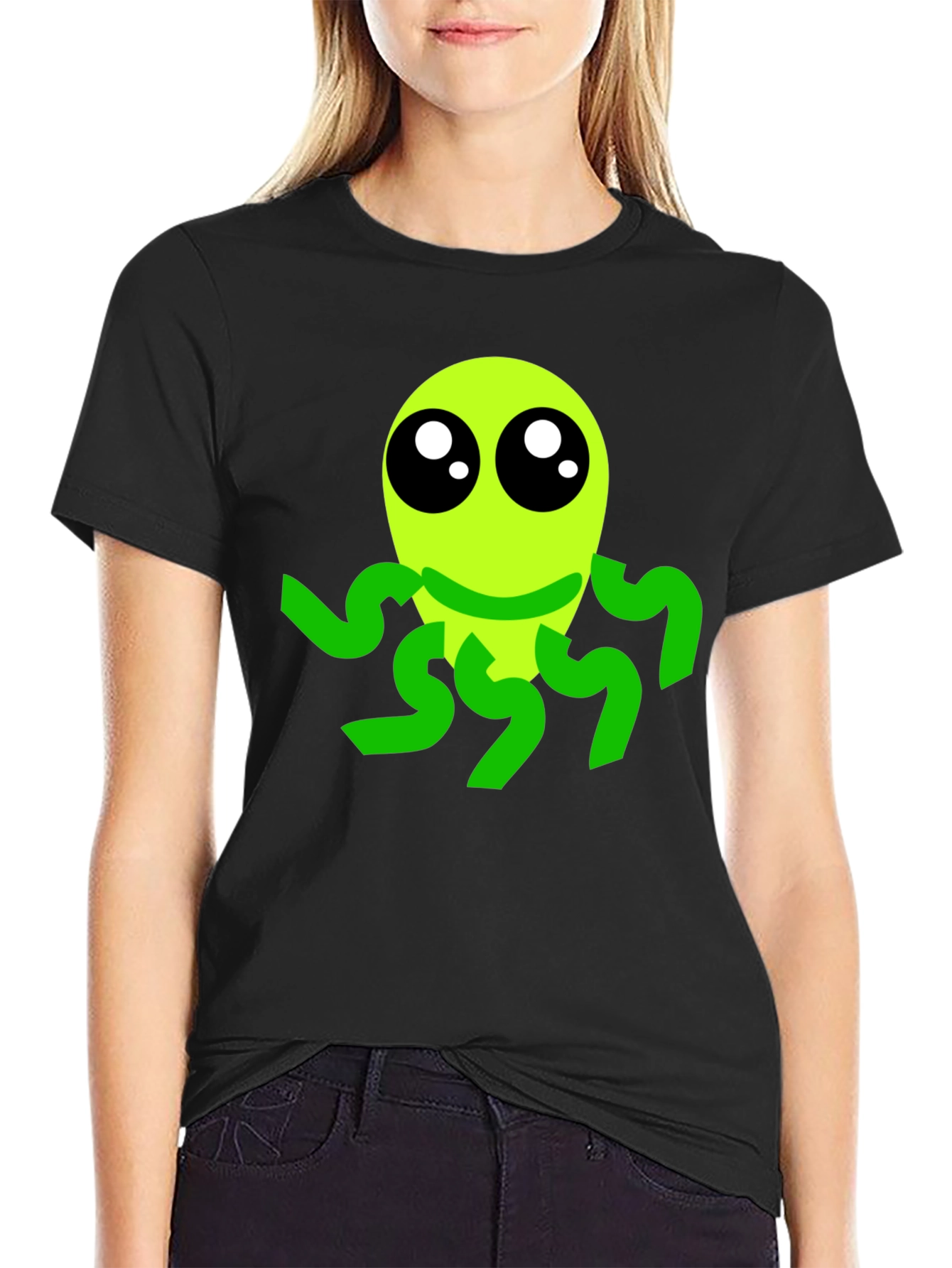 Cute Alien Graphic Tee - Black Casual T-Shirt