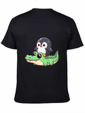 Cute Penguin Riding Alligator Graphic Tee - Black