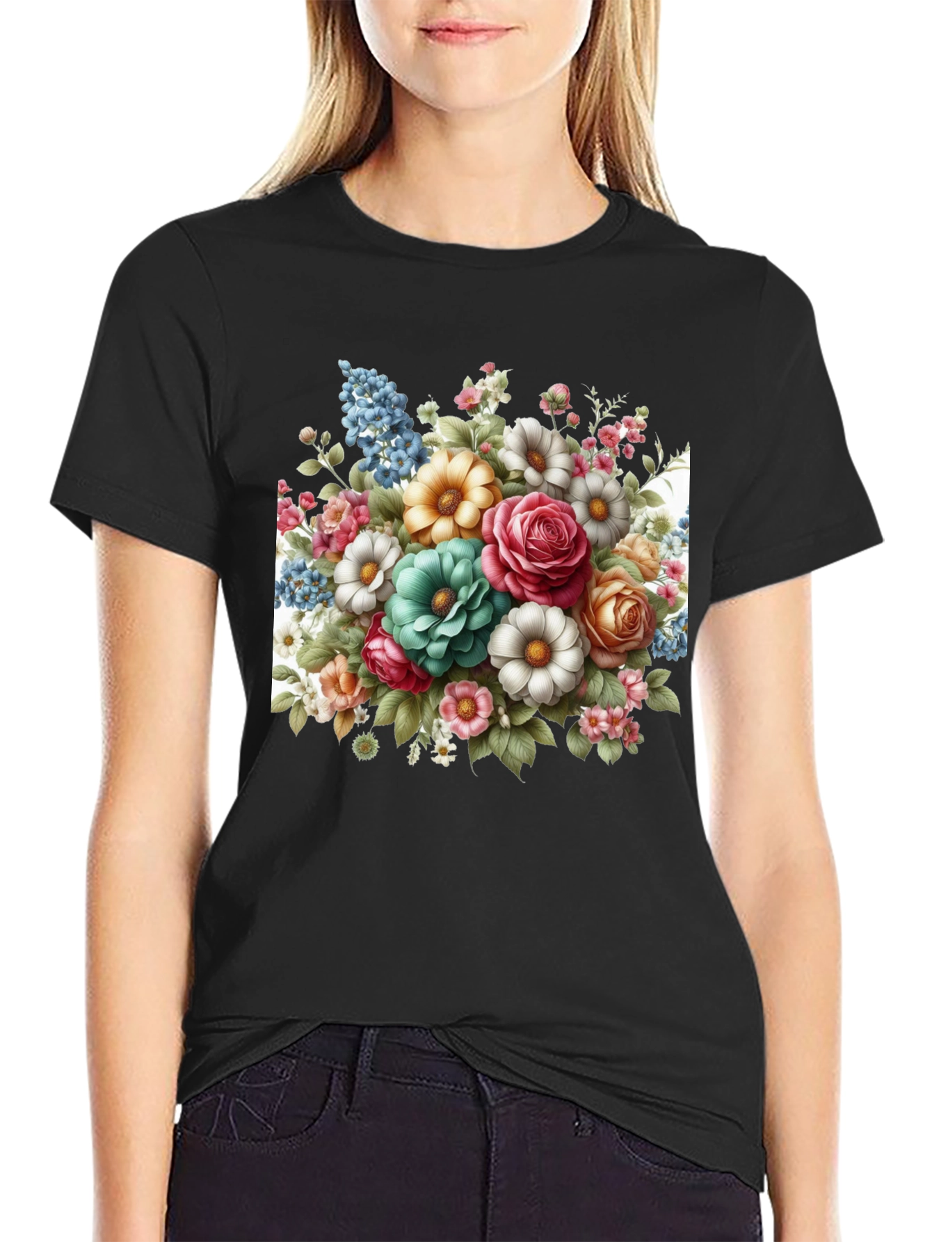 Floral Bouquet Graphic Tee - Black T-Shirt