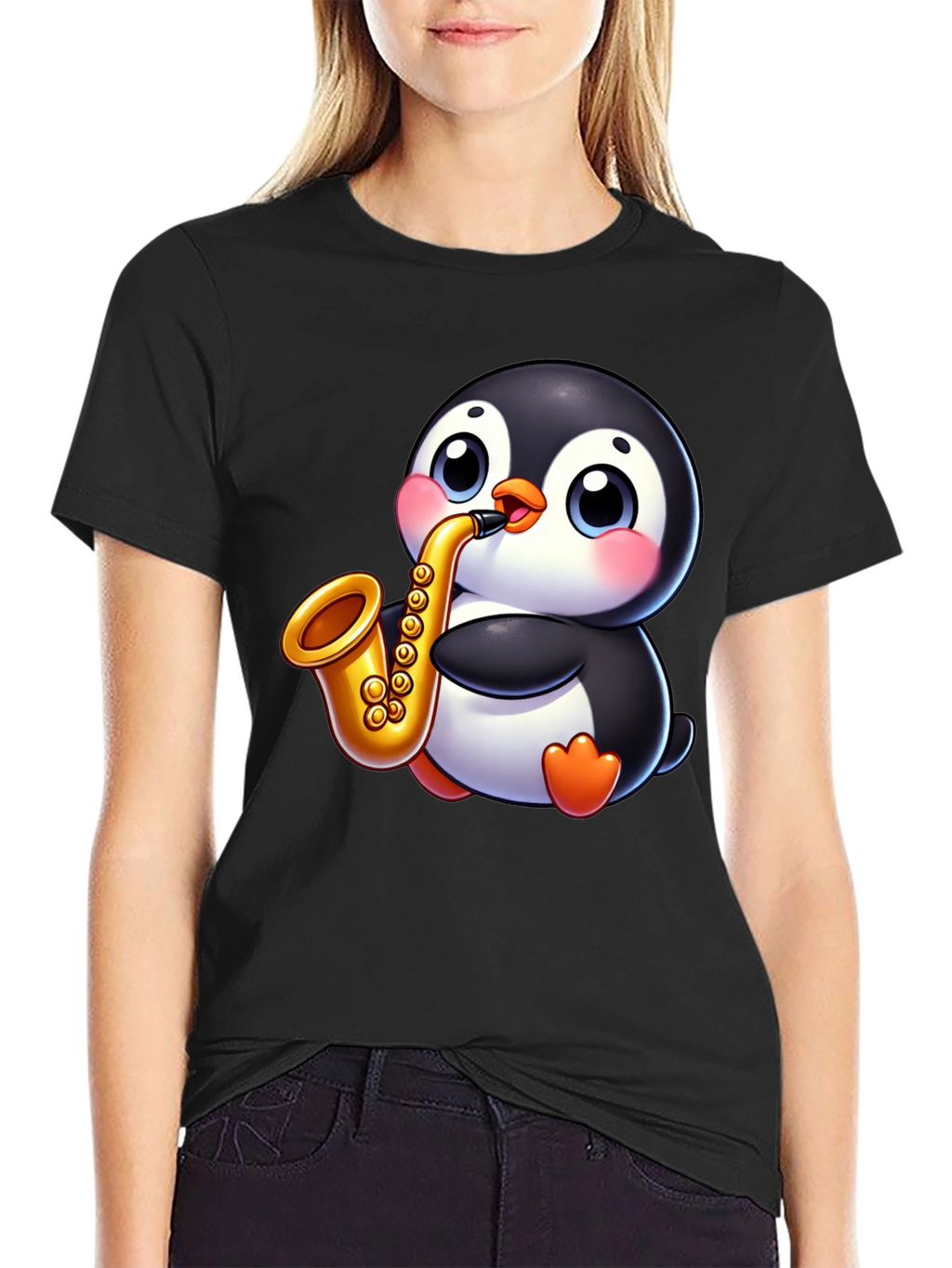Penguin Saxophone Graphic Tee - Black Casual Style
