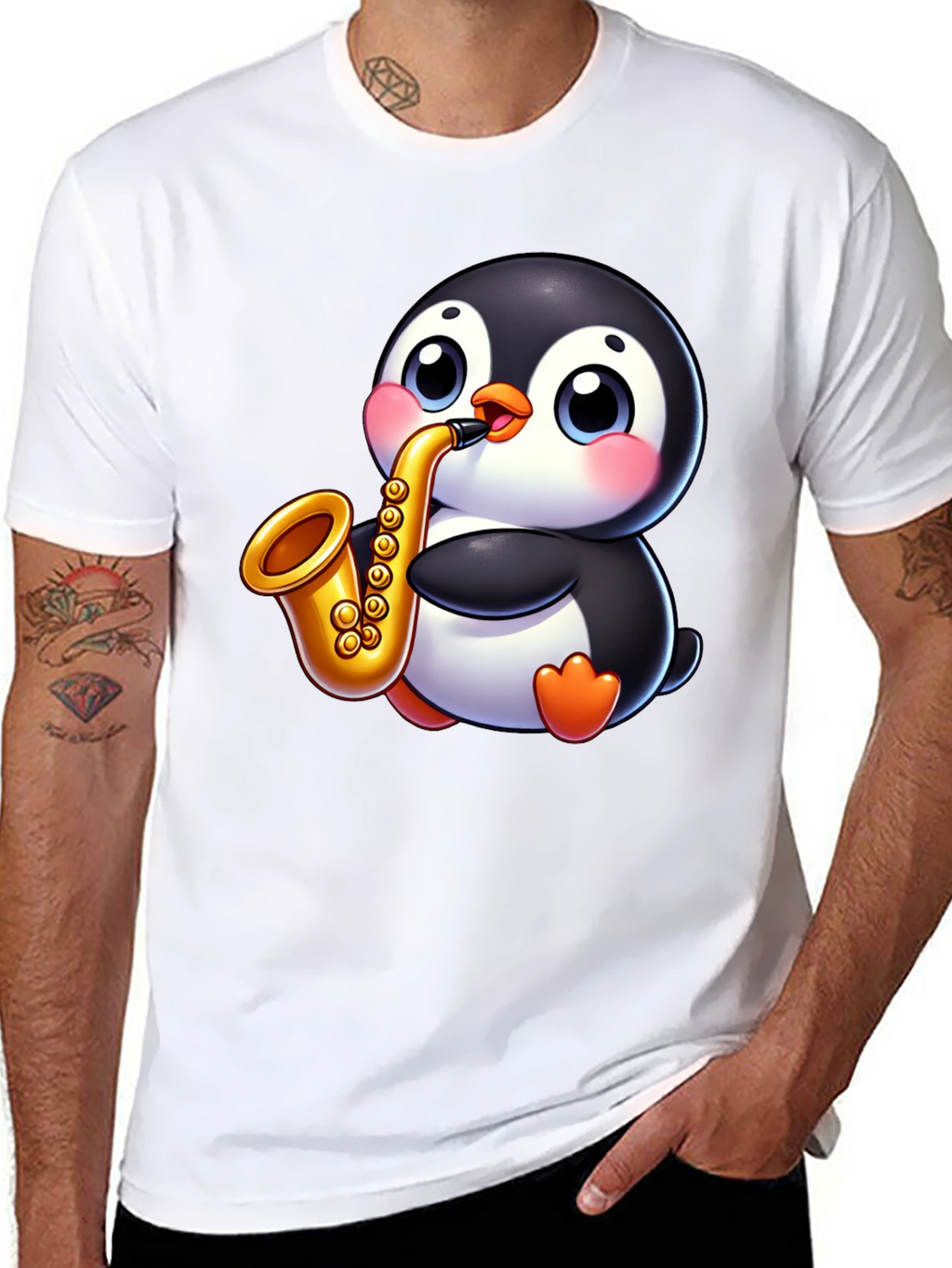 Penguin Saxophone Graphic Tee - Black Casual Style