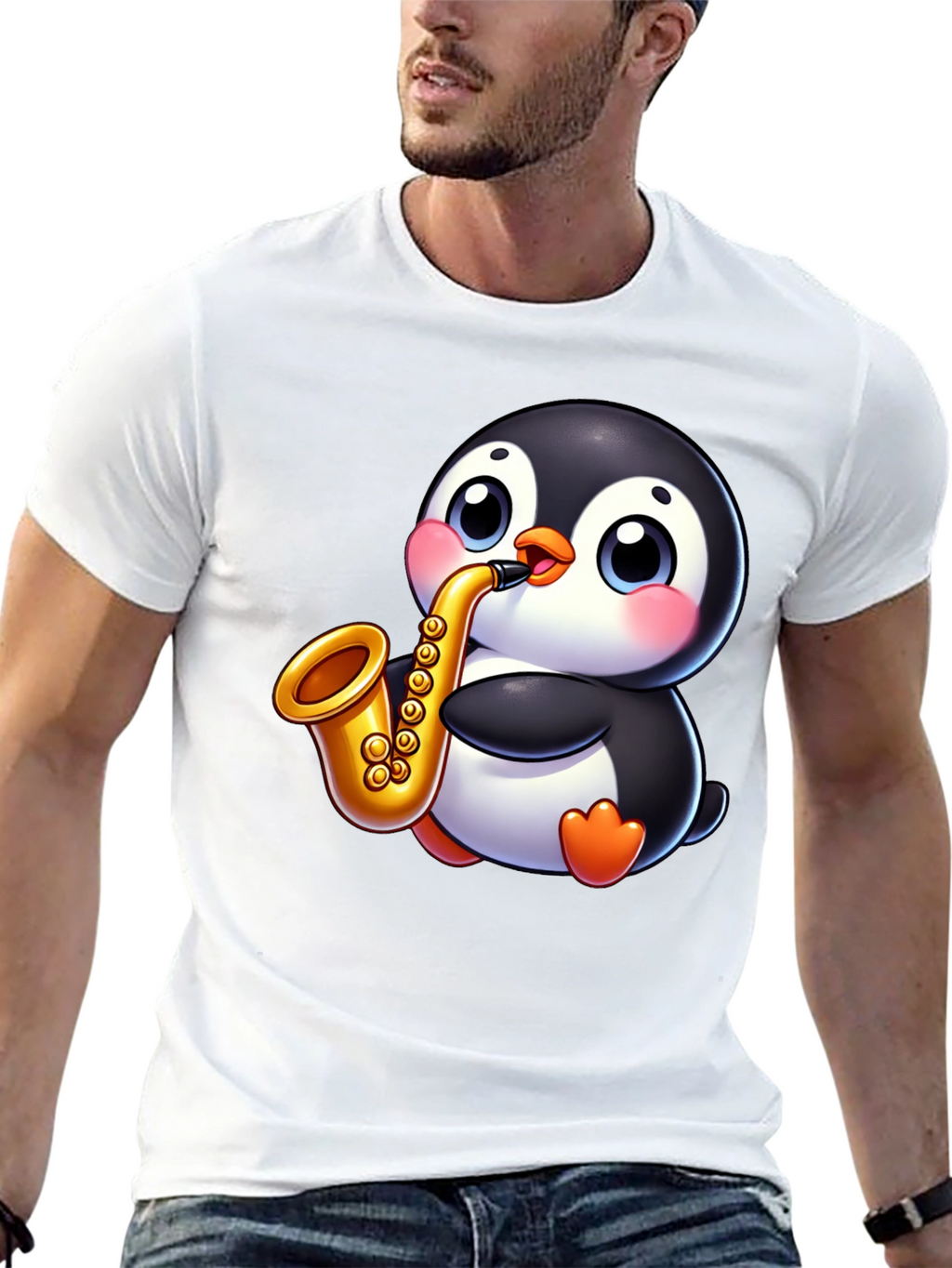 Penguin Saxophone Graphic Tee - Black Casual Style