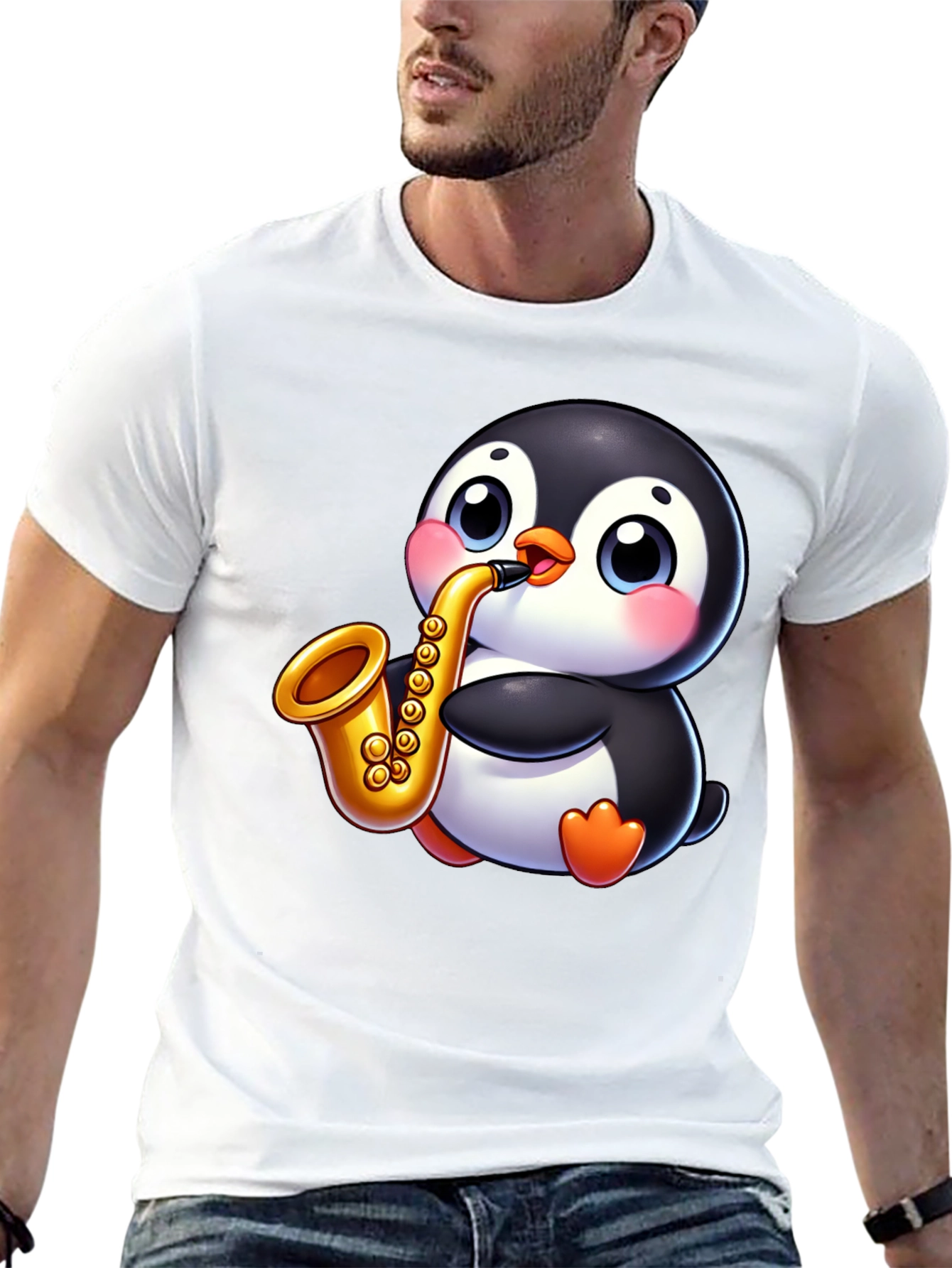 Penguin Saxophone Graphic Tee - Black Casual Style