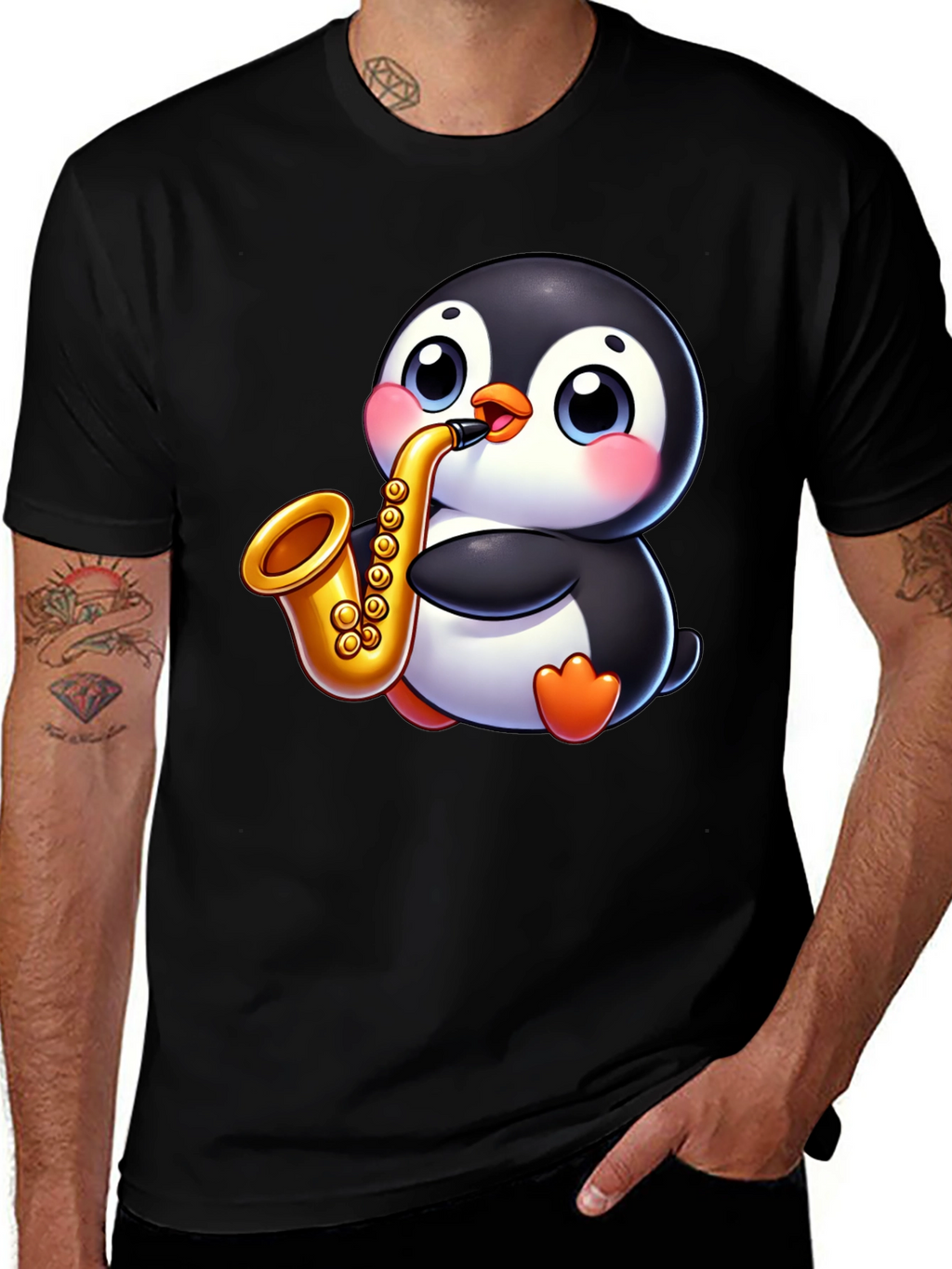 Penguin Saxophone Graphic Tee - Black Casual Style