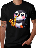 Penguin Saxophone Graphic Tee - Black Casual Style