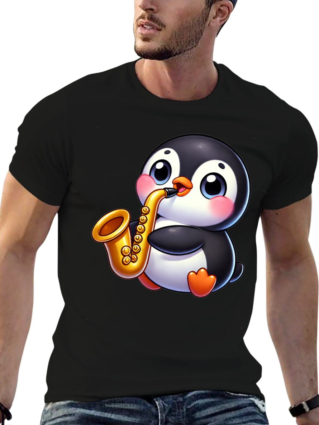 Penguin Saxophone Graphic Tee - Black Casual Style