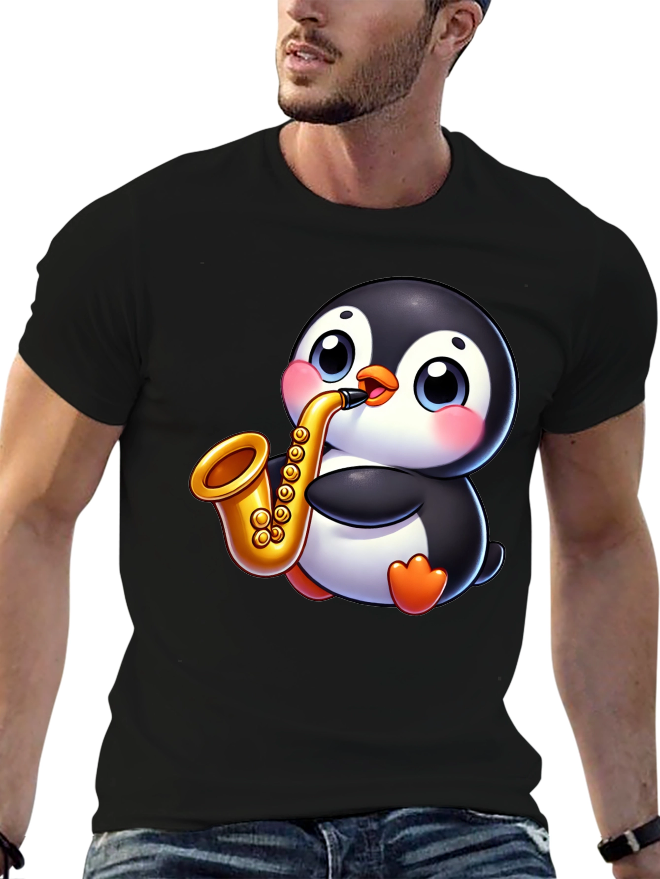Penguin Saxophone Graphic Tee - Black Casual Style