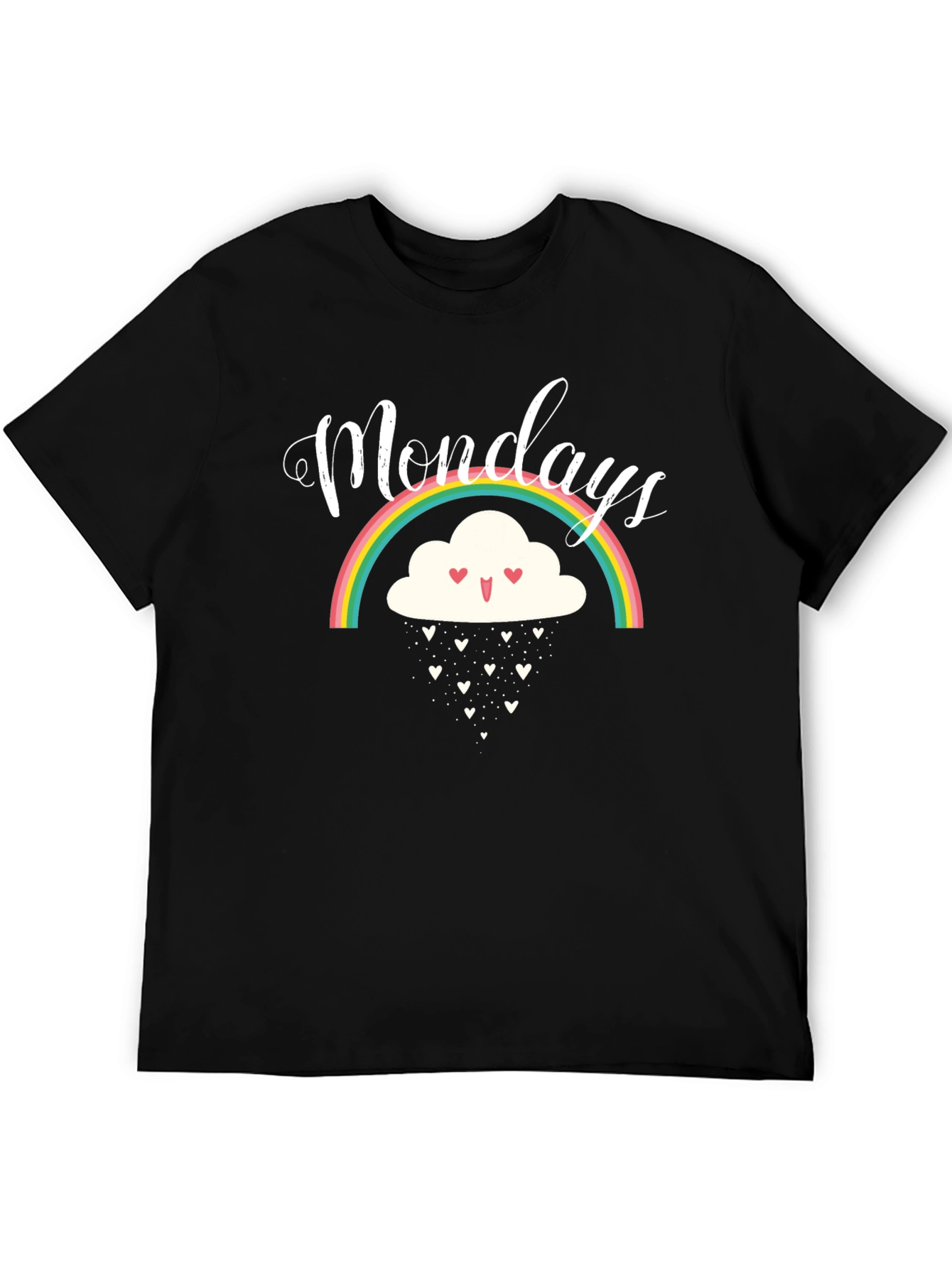 Monday Rainbow Cloud Heart Rain Black T-Shirt