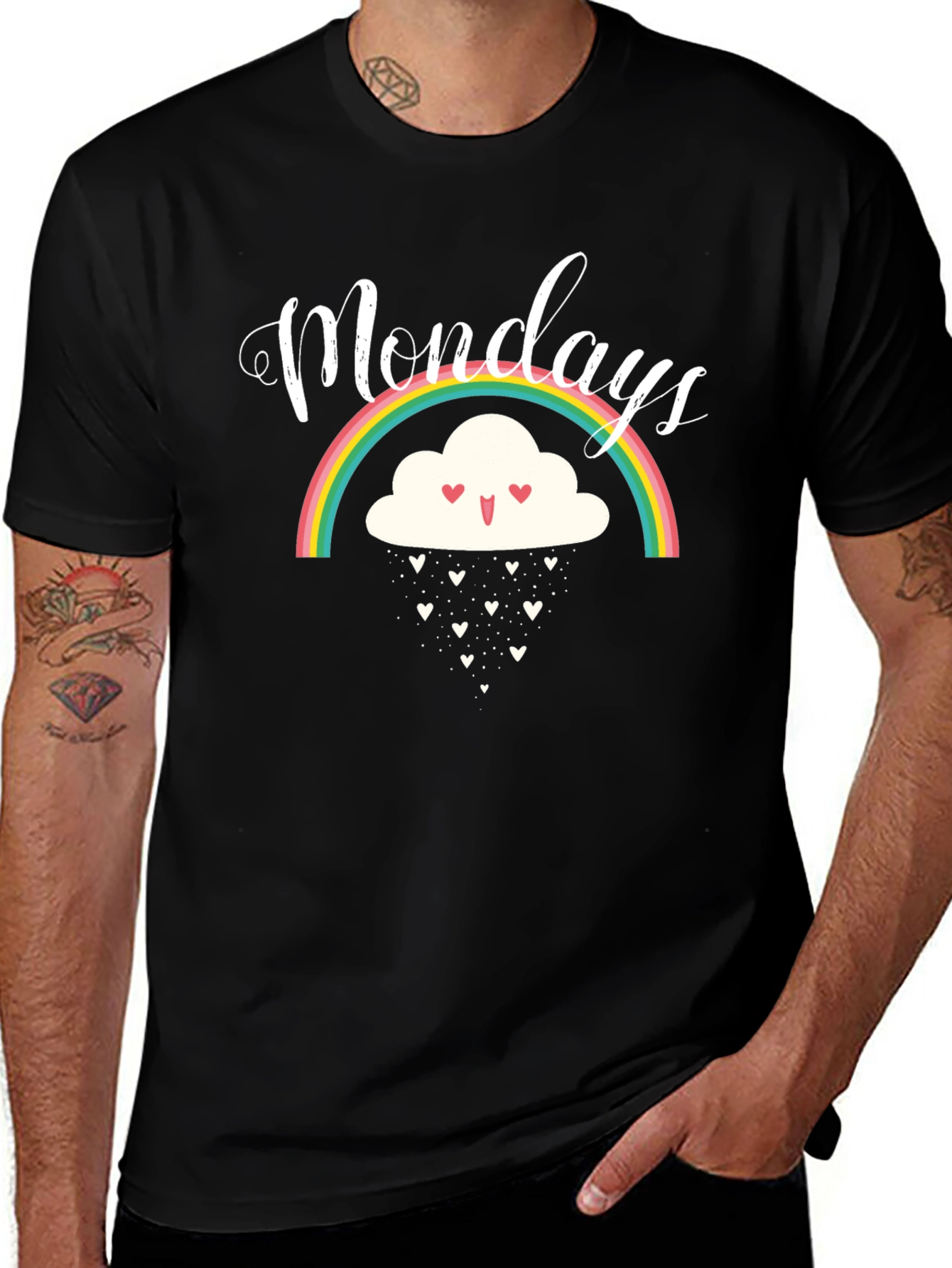 Monday Rainbow Cloud Heart Rain Black T-Shirt