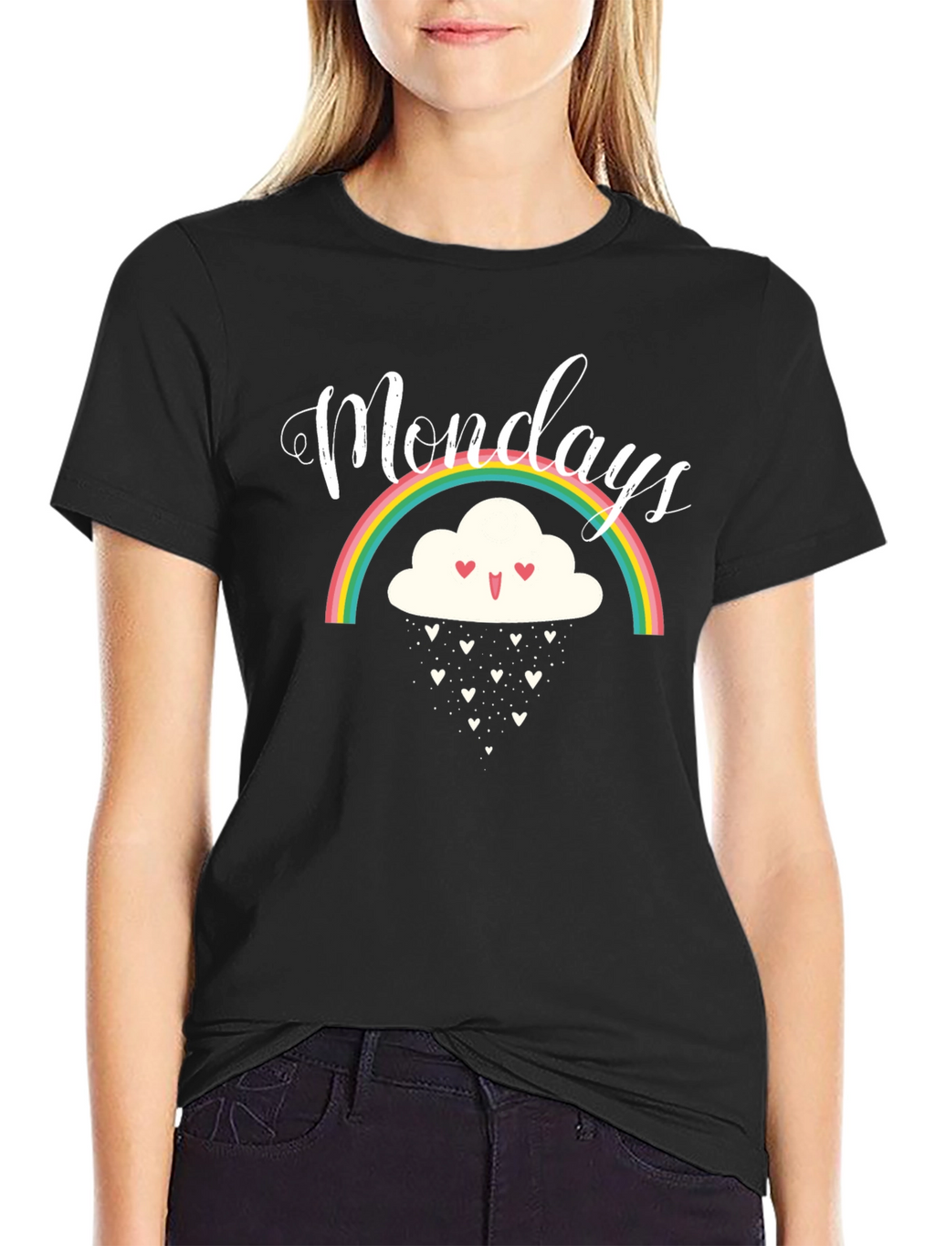 Monday Rainbow Cloud Heart Rain Black T-Shirt
