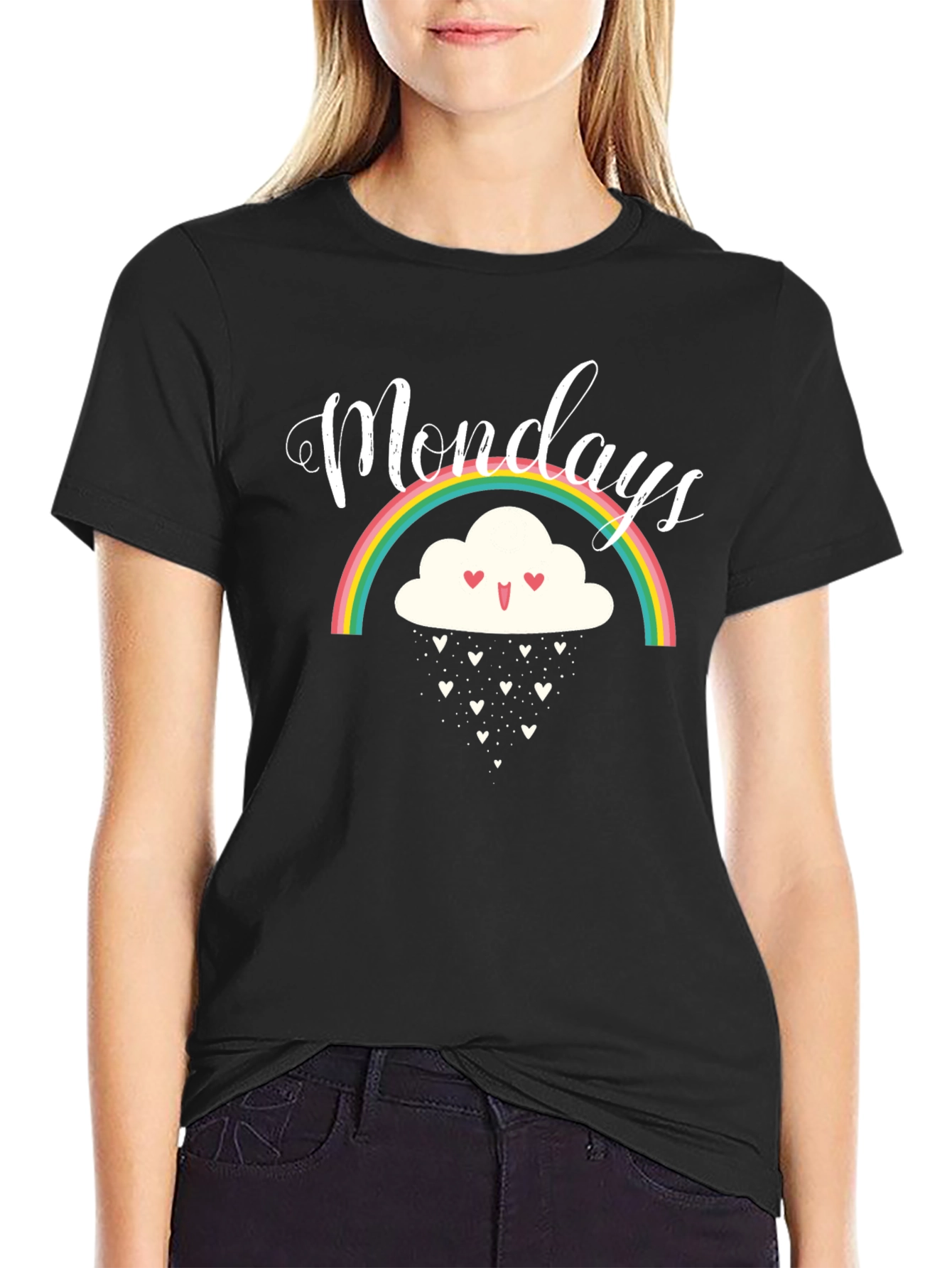 Monday Rainbow Cloud Heart Rain Black T-Shirt