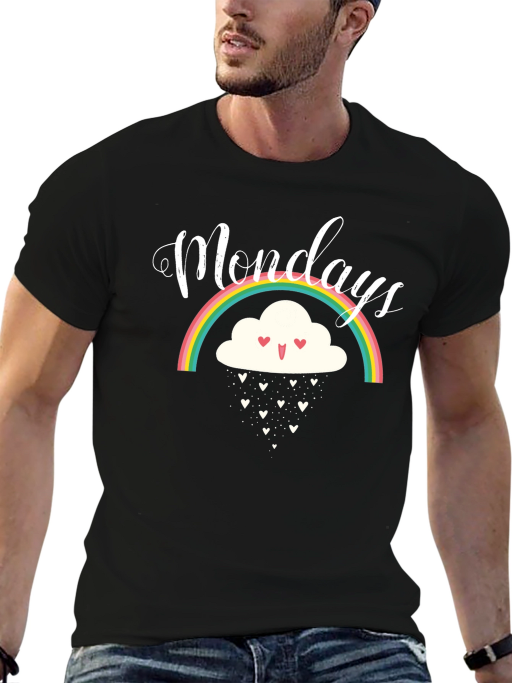 Monday Rainbow Cloud Heart Rain Black T-Shirt