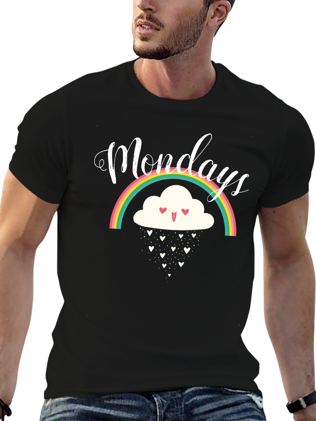 Monday Rainbow Cloud Heart Rain Black T-Shirt