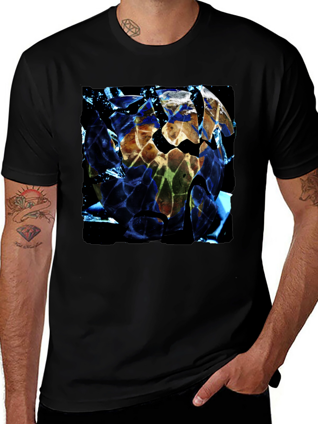 Shattered Earth Graphic Tee - Black Crew Neck T-Shirt