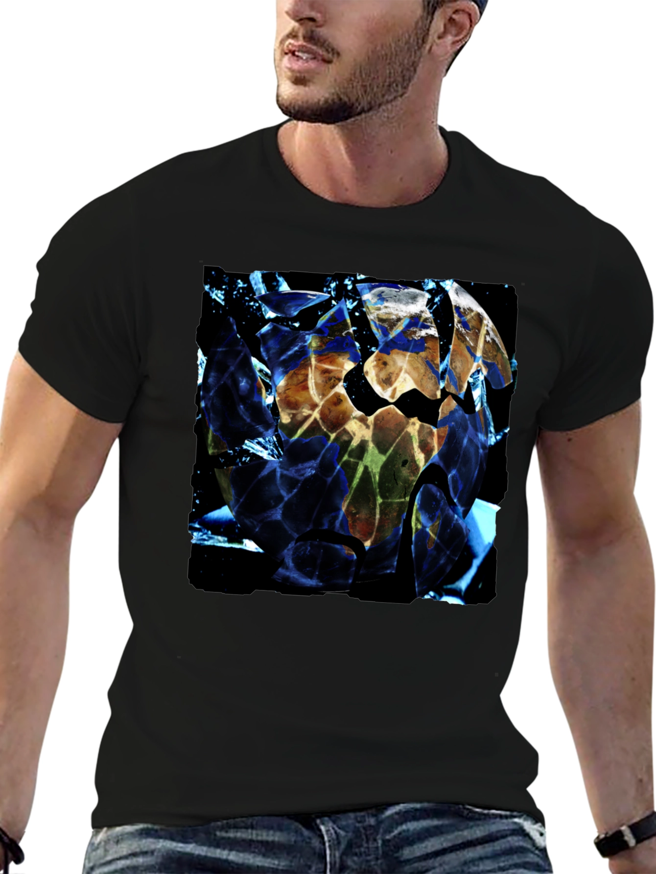 Shattered Earth Graphic Tee - Black Crew Neck T-Shirt