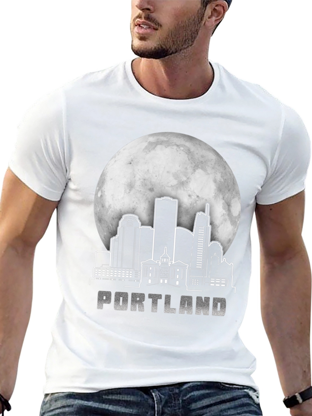 Portland Skyline T-Shirt - Cityscape Moon Design