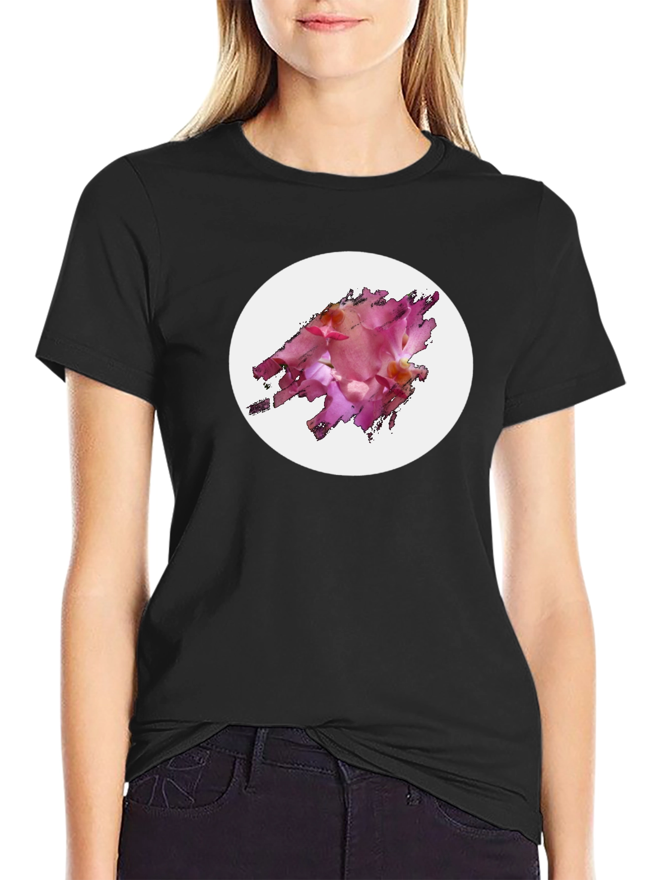 Black T-Shirt with Floral Graphic Design